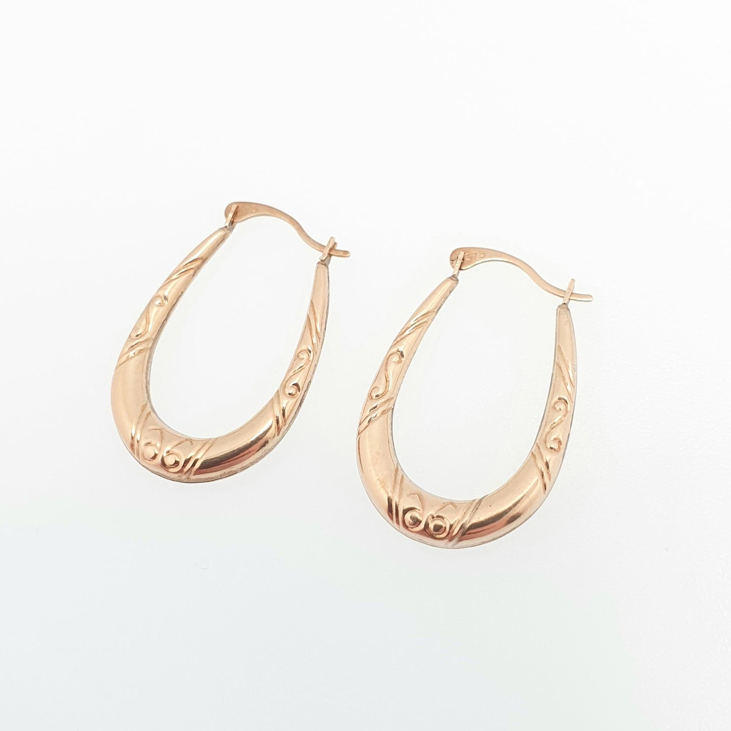 Vintage 9ct 375 Gold Creole Hoop Earrings Gypsy Solid Yellow 9k Leaf Wreath Texture 1980s Full Dangle Hanging Girls Womens Jewelry Jewellery