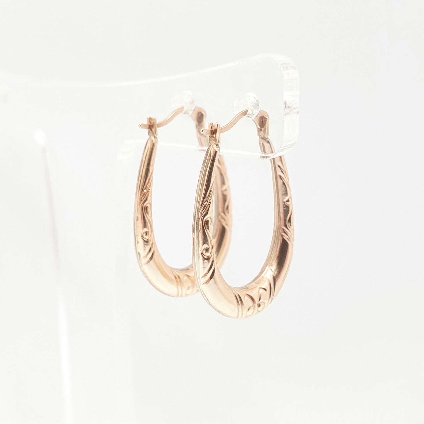 Vintage 9ct 375 Gold Creole Hoop Earrings Gypsy Solid Yellow 9k Leaf Wreath Texture 1980s Full Dangle Hanging Girls Womens Jewelry Jewellery