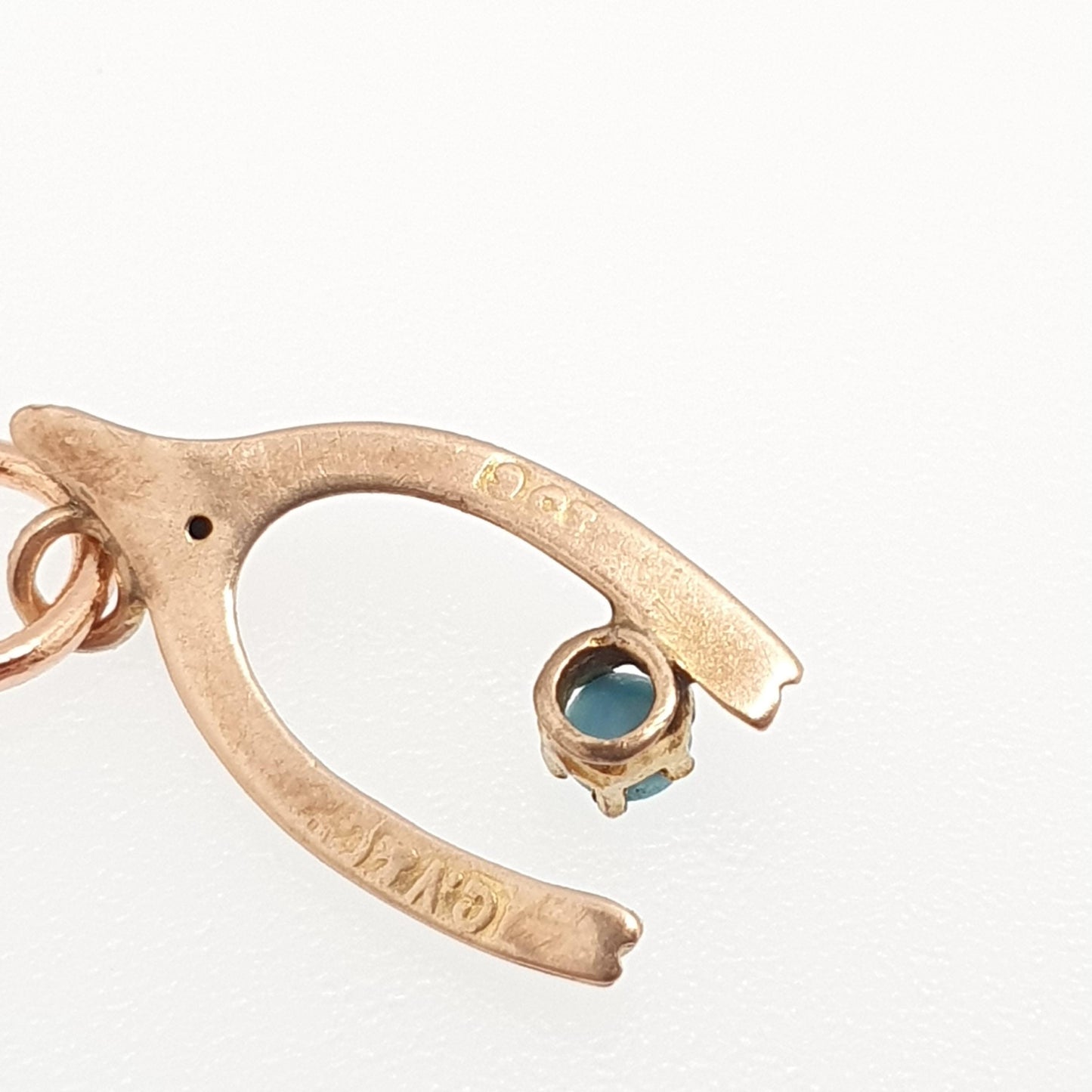Antique Victorian 9ct 9k Rose Gold Wishbone Charm Pendant Faux Turquoise Necklace Bracelet 375 Lucky Good Luck Vintage Jewelry Jewellery