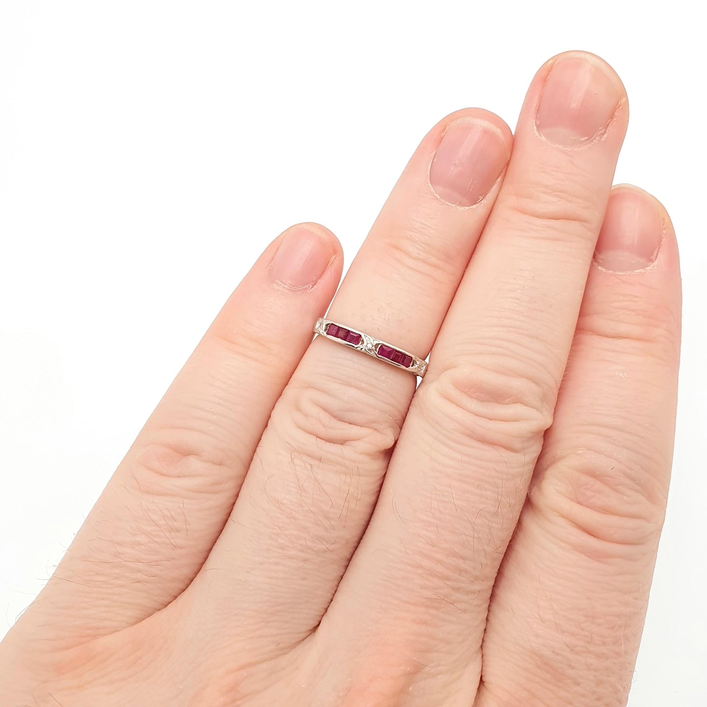 Vintage 9k 9ct Gold Ruby & Diamond Ring Art Deco Revival Channel Set Solid 375 White Gemstone Genuine Real Womens Jewelry Jewellery Sparkly