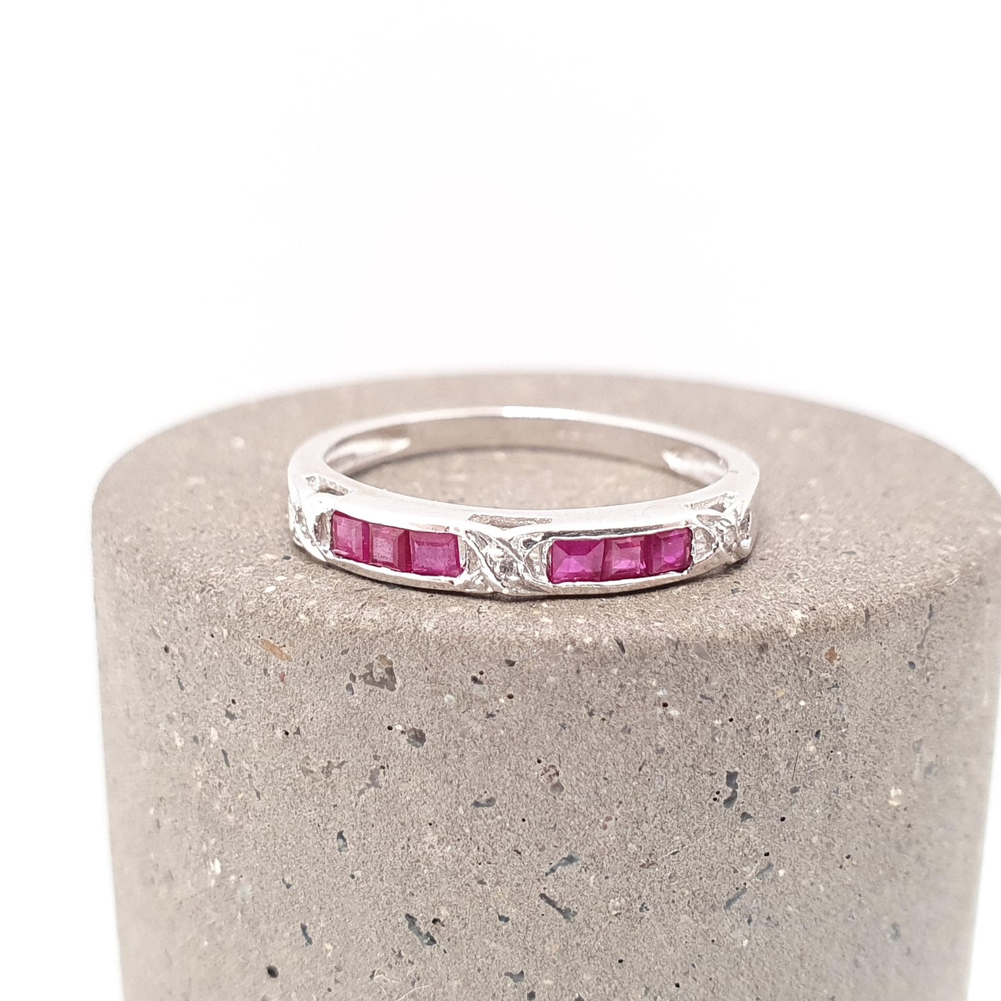 Vintage 9k 9ct Gold Ruby & Diamond Ring Art Deco Revival Channel Set Solid 375 White Gemstone Genuine Real Womens Jewelry Jewellery Sparkly