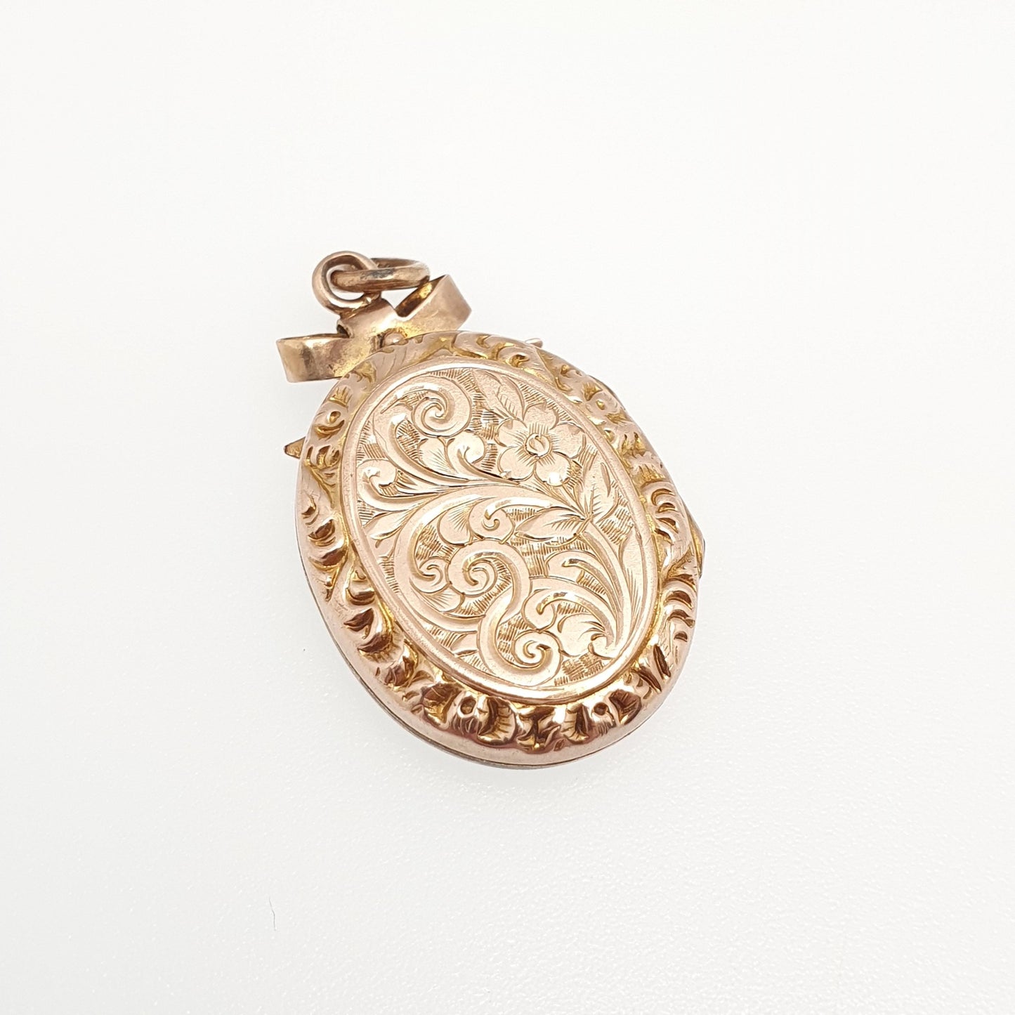 Antique 9ct 9k Rose Gold Bow Locket Pendant Large Big Oval Solid 375 Shield Engraved Fine Estate Back & Front Necklace Jewelry Jewellery