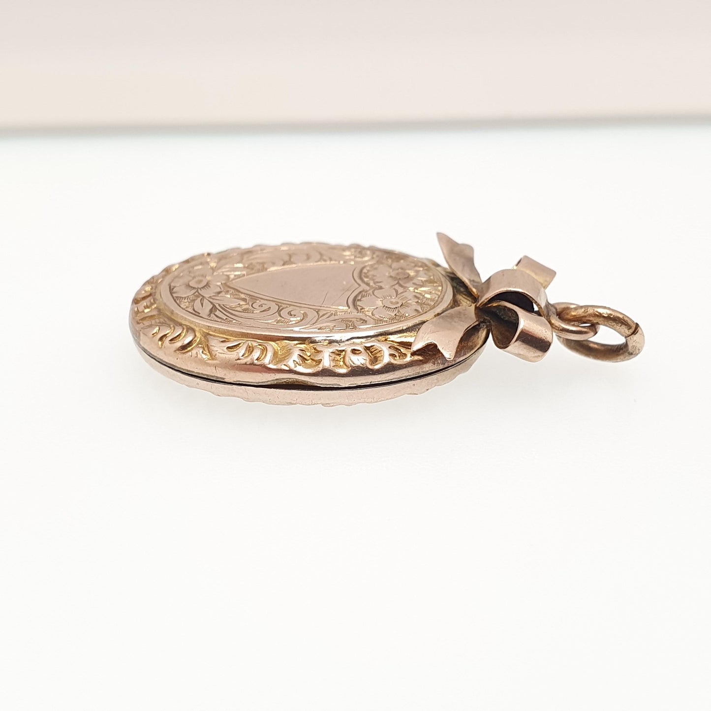 Antique 9ct 9k Rose Gold Bow Locket Pendant Large Big Oval Solid 375 Shield Engraved Fine Estate Back & Front Necklace Jewelry Jewellery
