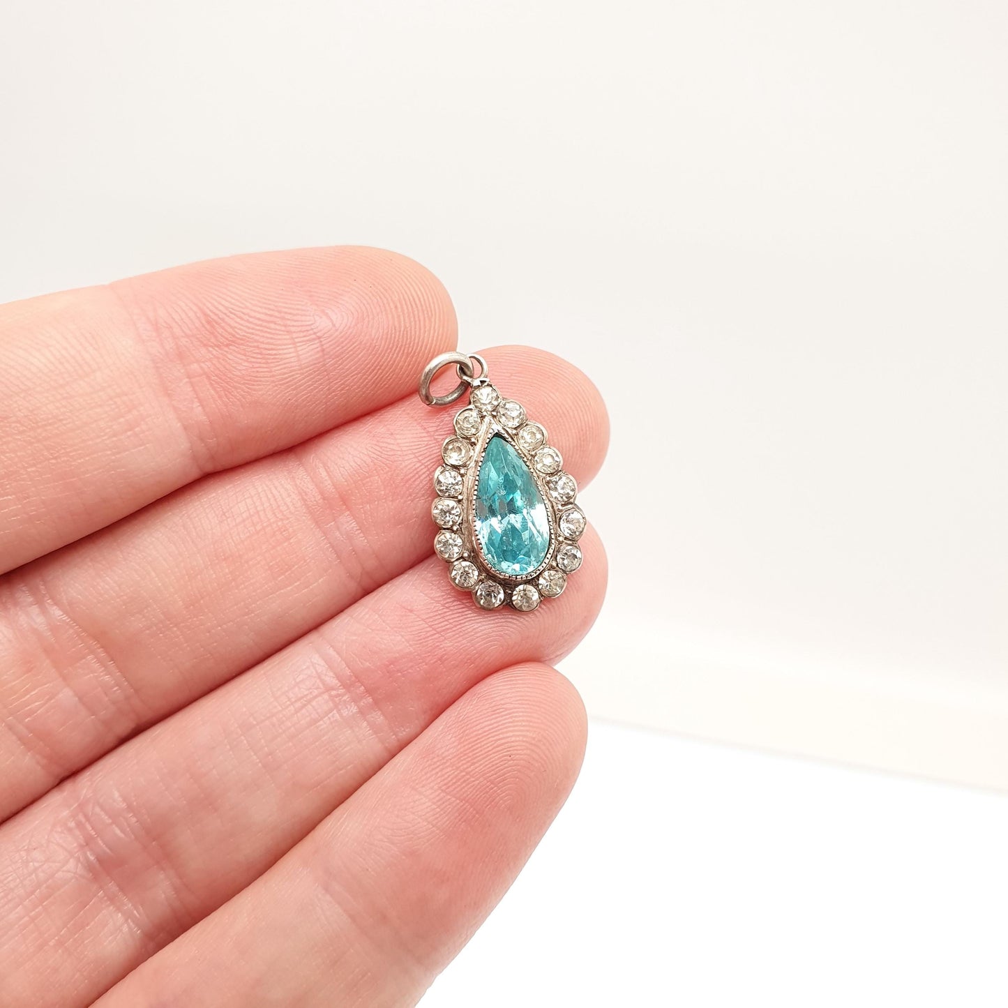 Antique Solid Silver Aquamarine Paste Pendant Diamond Paste Necklace Pear Cut Art Deco 1920s Vintage Ladies Womens Jewelry Jewellery