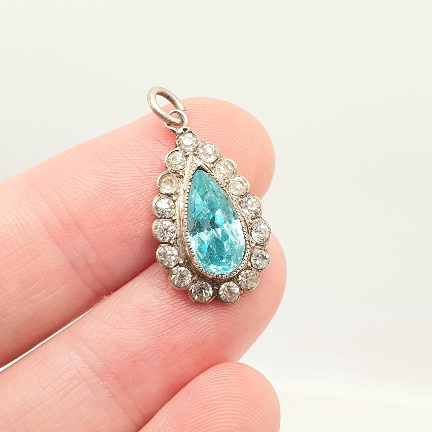 Antique Solid Silver Aquamarine Paste Pendant Diamond Paste Necklace Pear Cut Art Deco 1920s Vintage Ladies Womens Jewelry Jewellery
