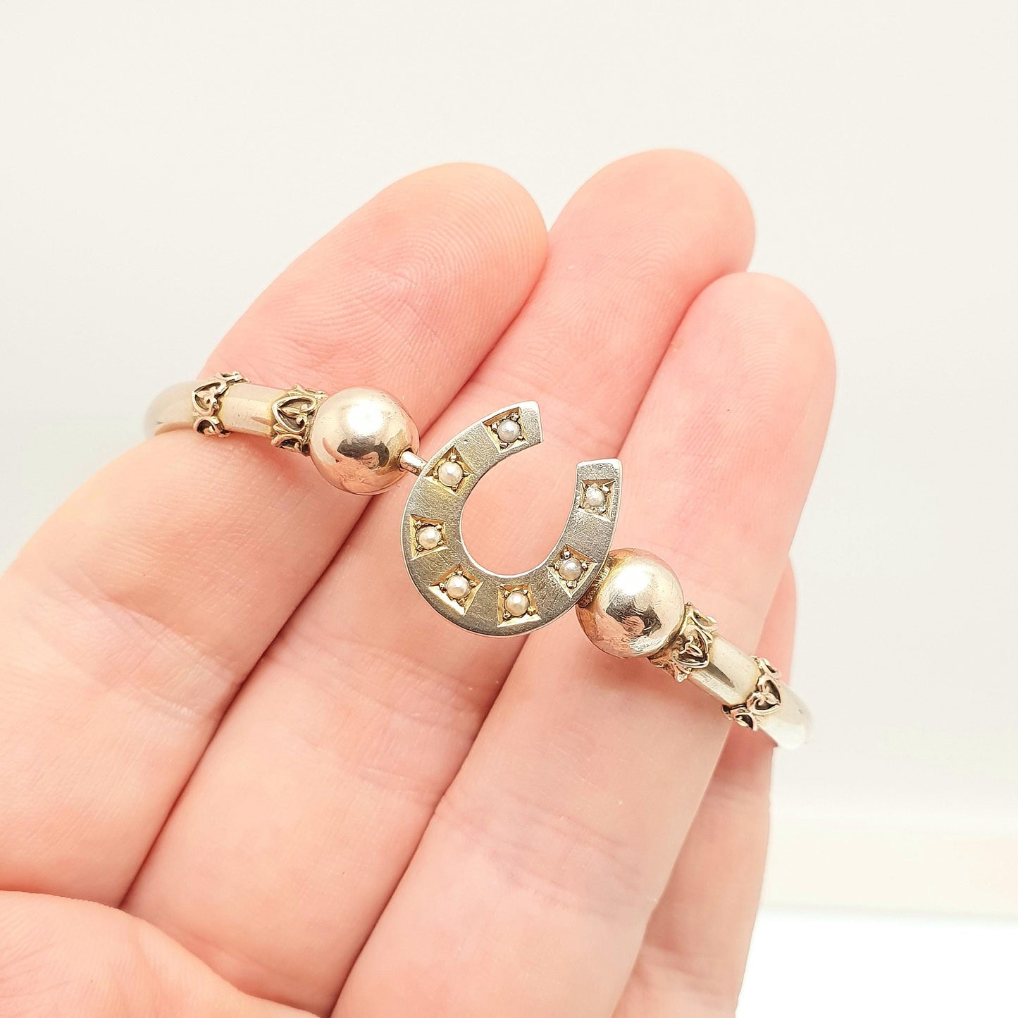 Antique 9ct 9k Gold Horseshoe Bracelet Bangle Seed Pearl Edwardian Lucky Good Luck Solid 375 Rose Yellow Vintage Jewelry Jewellery Womens