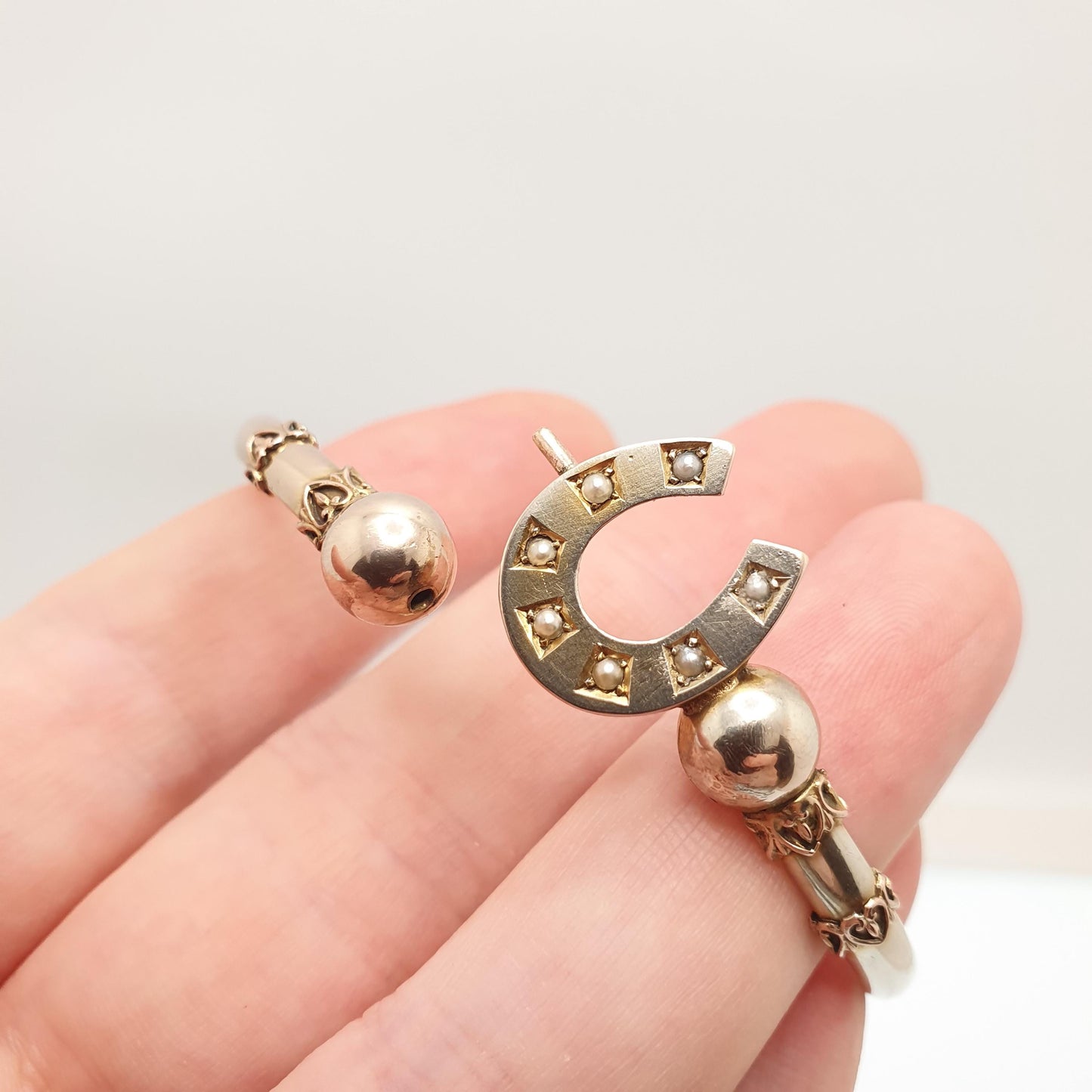 Antique 9ct 9k Gold Horseshoe Bracelet Bangle Seed Pearl Edwardian Lucky Good Luck Solid 375 Rose Yellow Vintage Jewelry Jewellery Womens
