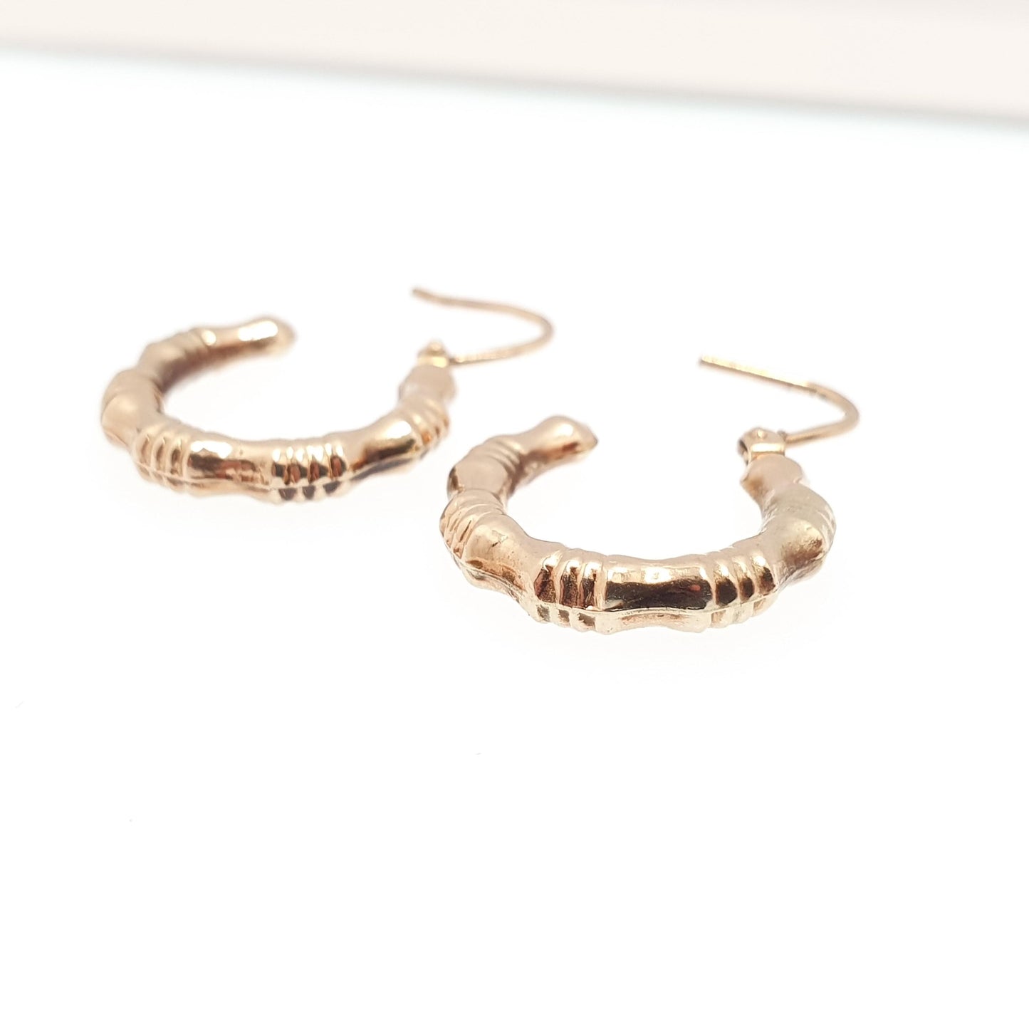 Vintage 9ct 9k Gold Bamboo Hoop Earrings Gypsy Bone Solid 375 9 Carat Safety Latch 1980s Dangle Hanging Ladies Womens Jewelry Jewellery