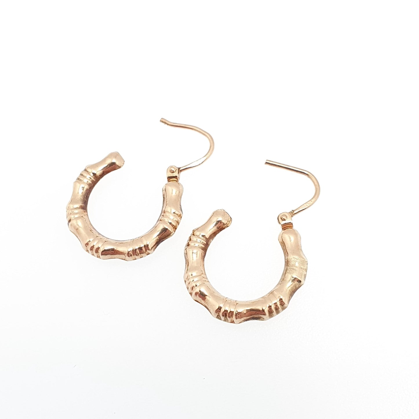 Vintage 9ct 9k Gold Bamboo Hoop Earrings Gypsy Bone Solid 375 9 Carat Safety Latch 1980s Dangle Hanging Ladies Womens Jewelry Jewellery