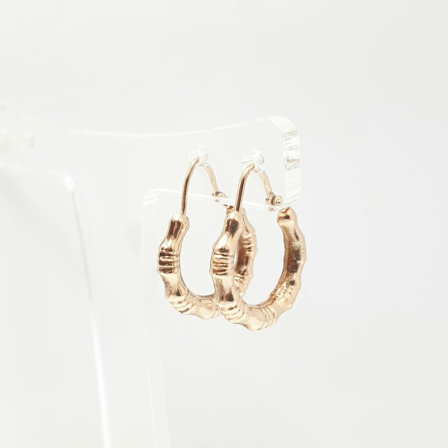 Vintage 9ct 9k Gold Bamboo Hoop Earrings Gypsy Bone Solid 375 9 Carat Safety Latch 1980s Dangle Hanging Ladies Womens Jewelry Jewellery