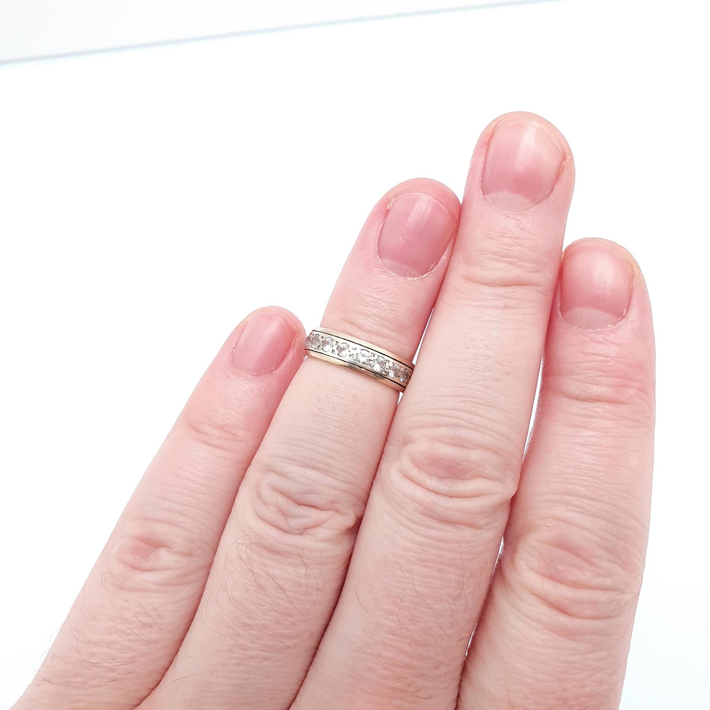 Old Vintage Solid 9ct Gold Full Eternity Ring White Spinel 9k 375 Band Sparkly Diamond Style Pinky Pinkie Stacker Stacking Jewelry Jewellery