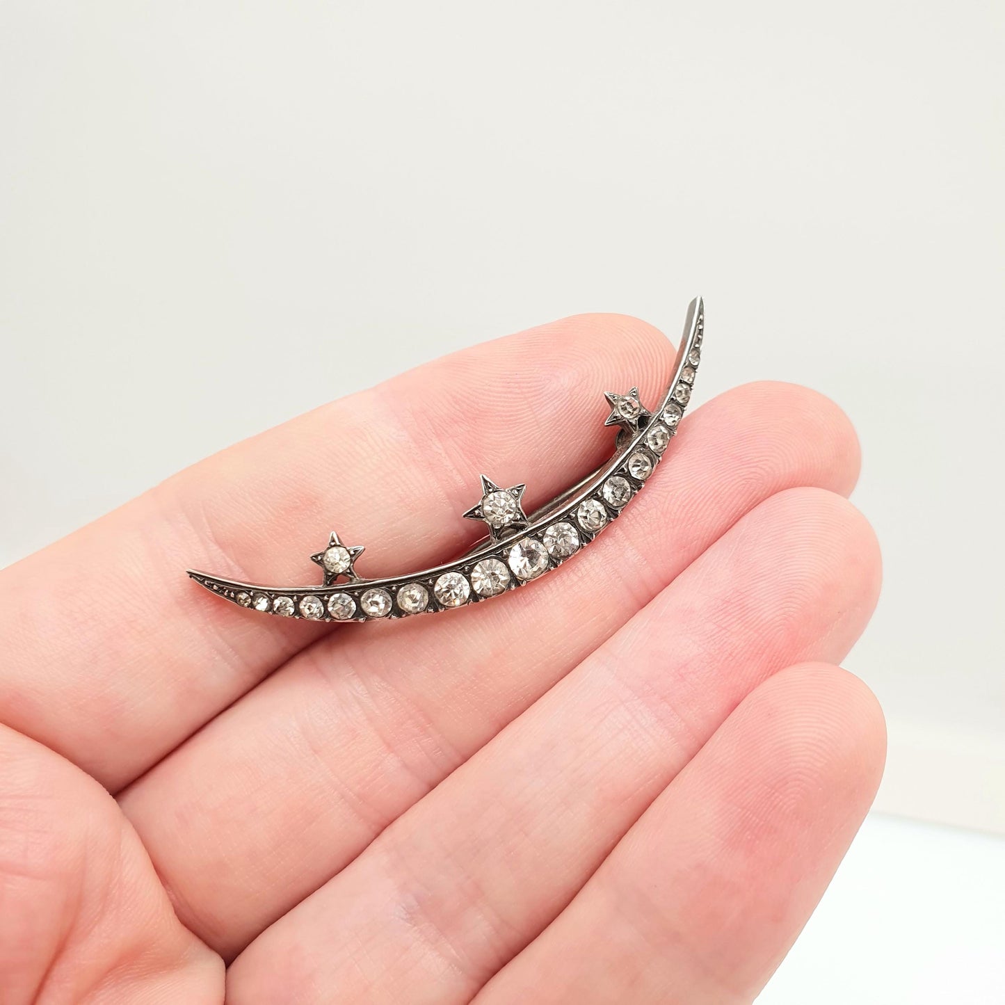 Antique Victorian Crescent Moon & Star Solid Silver Brooch Pin Diamond Paste Parisian Diamond Company Vintage White 1800s Jewellery Jewelry