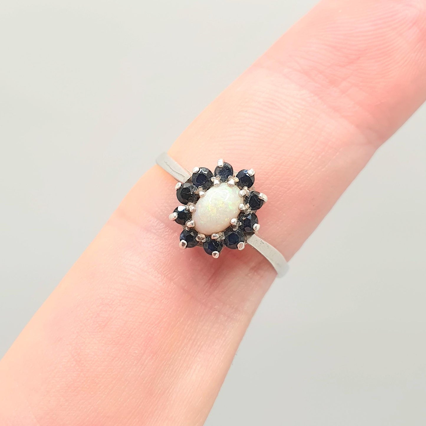 RESERVED/SOLD PAU Vintage Sterling Silver Opal & Sapphire Ring Cluster Halo 1986 Hallmarked Sparkly Retro
