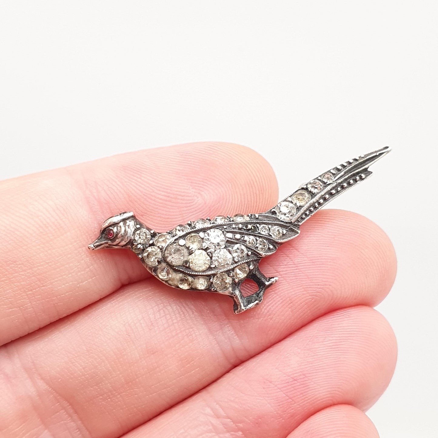 Antique Sterling Silver Pheasant Bird Brooch Diamond Paste Hunting Partridge Game Art Deco Fine 935 Silver Grouse Vintage Womens Jewelry