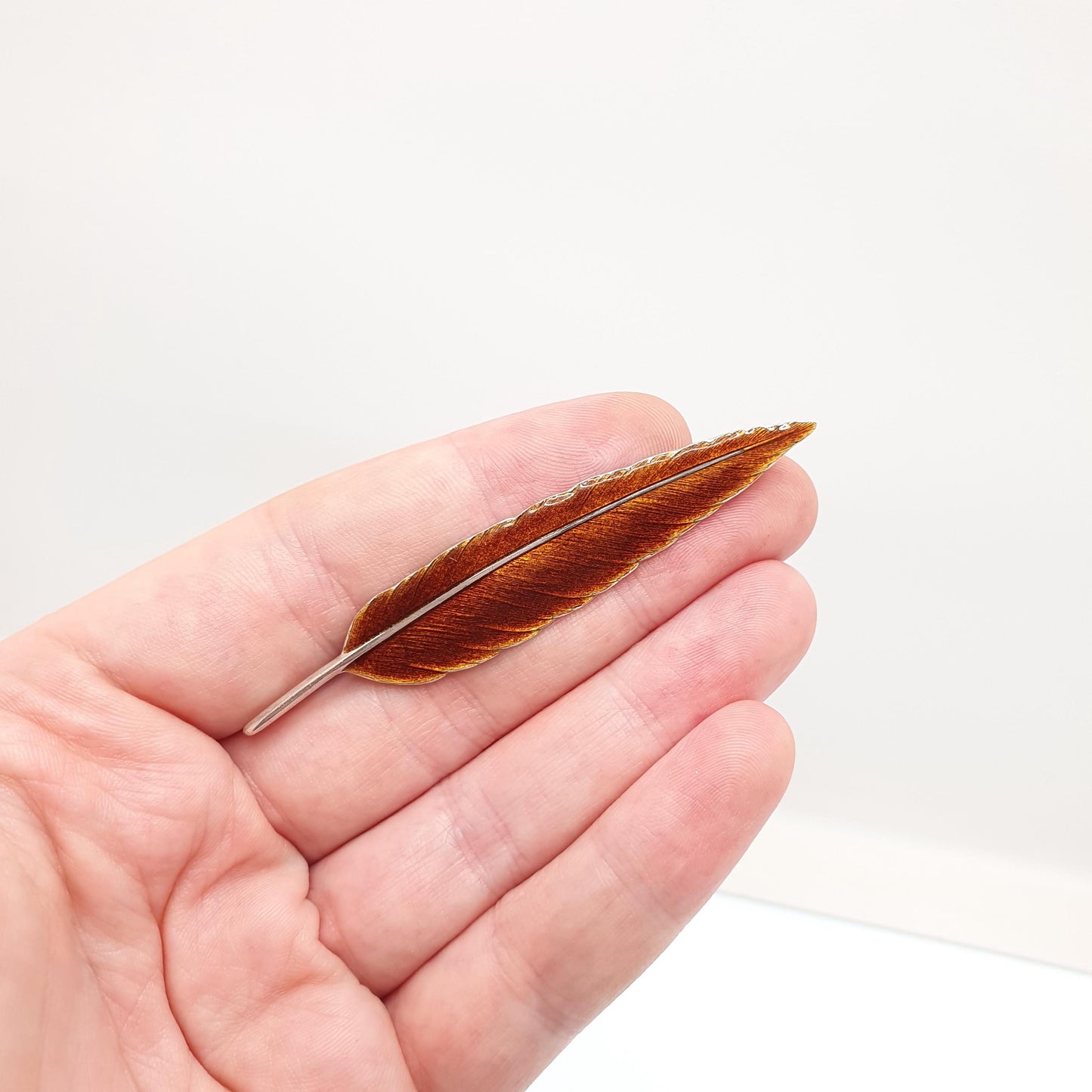 Antique Sterling Silver Enamel Feather Leaf Brooch Pin Autumn Leaves Brown Orange Bird Solid 925 Naturalistic Vintage Jewelry Jewellery
