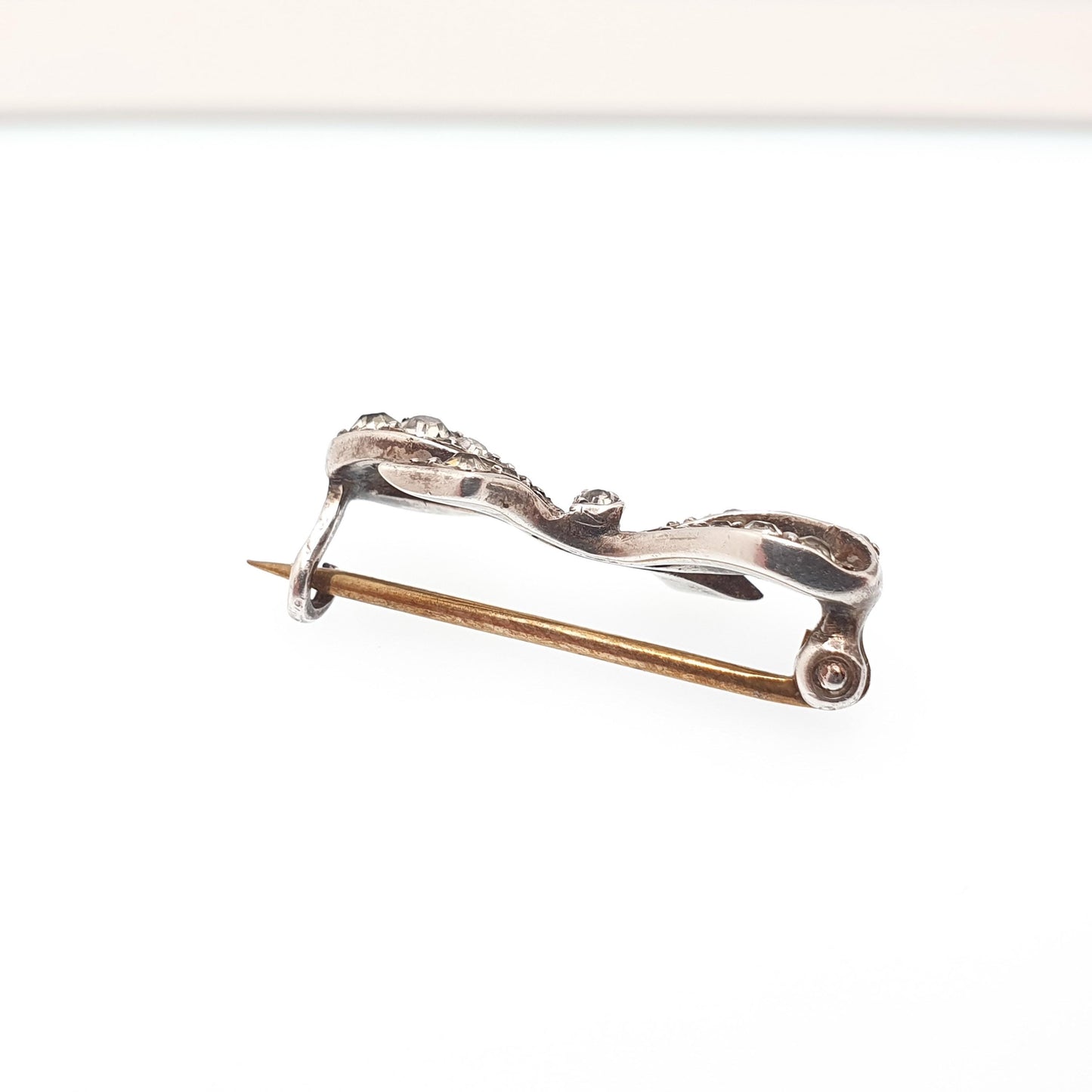 Antique Art Deco Paste Sterling Silver Bow Brooch Ribbon Diamond Pastes Tiny Small 1920s Sweet Cute Quaint Womens Jewelry Jewellery Vintage
