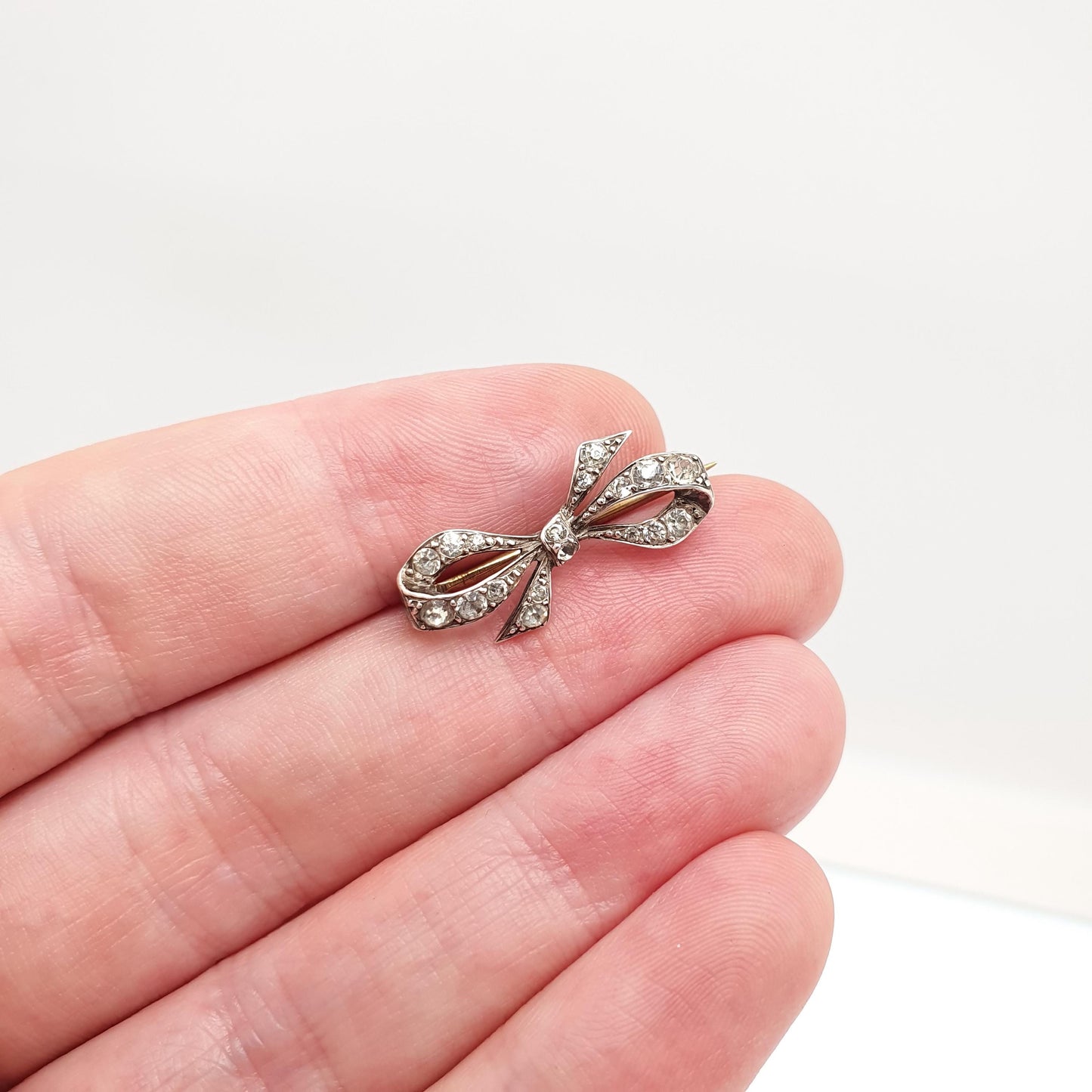 Antique Art Deco Paste Sterling Silver Bow Brooch Ribbon Diamond Pastes Tiny Small 1920s Sweet Cute Quaint Womens Jewelry Jewellery Vintage