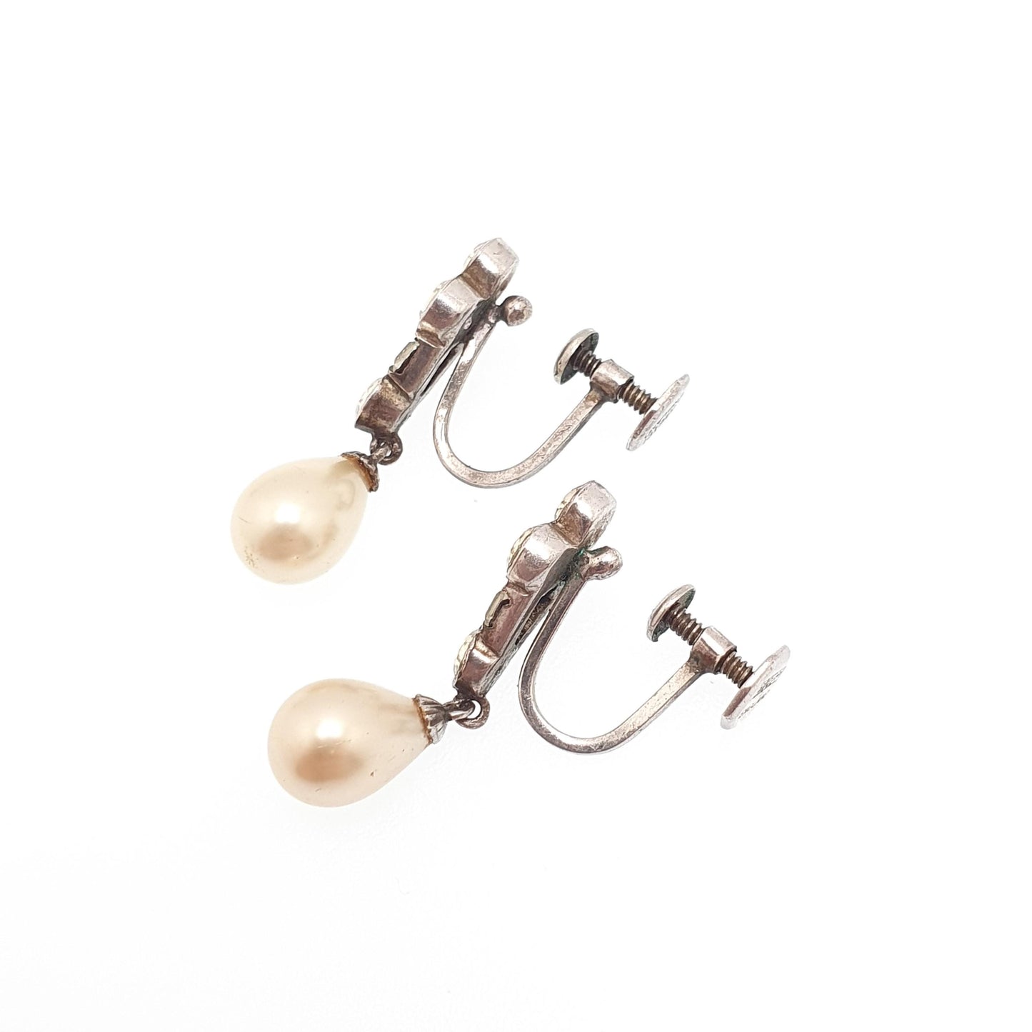 Antique Art Deco Sterling Silver Diamond Paste Earrings SCP Ciro Simulated Pearl Hook Dangle Dangling Drop 1920s Vintage Jewelry Jewellery