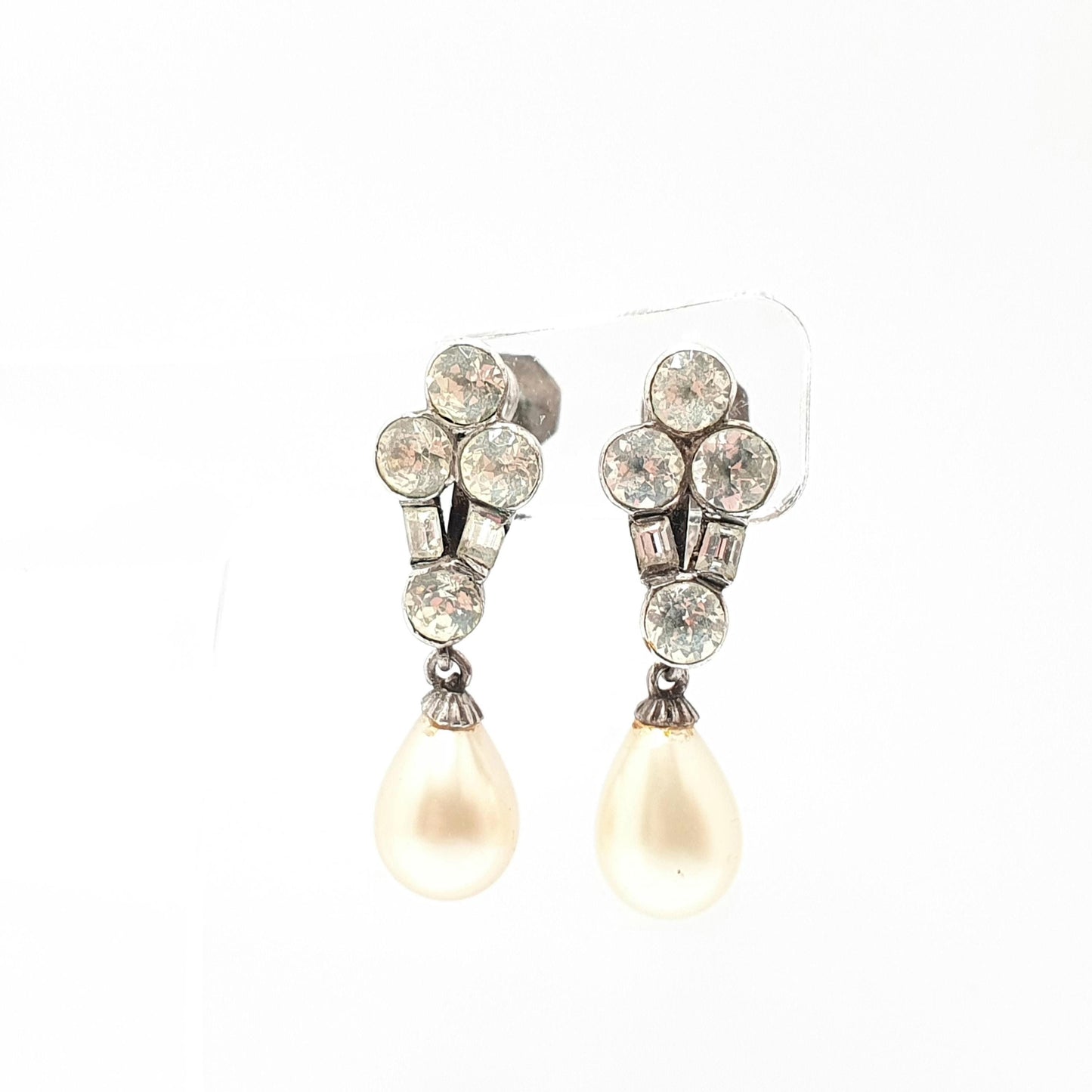 Antique Art Deco Sterling Silver Diamond Paste Earrings SCP Ciro Simulated Pearl Hook Dangle Dangling Drop 1920s Vintage Jewelry Jewellery