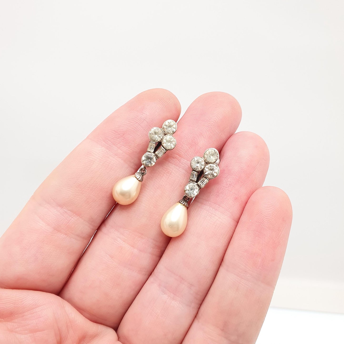 Antique Art Deco Sterling Silver Diamond Paste Earrings SCP Ciro Simulated Pearl Hook Dangle Dangling Drop 1920s Vintage Jewelry Jewellery