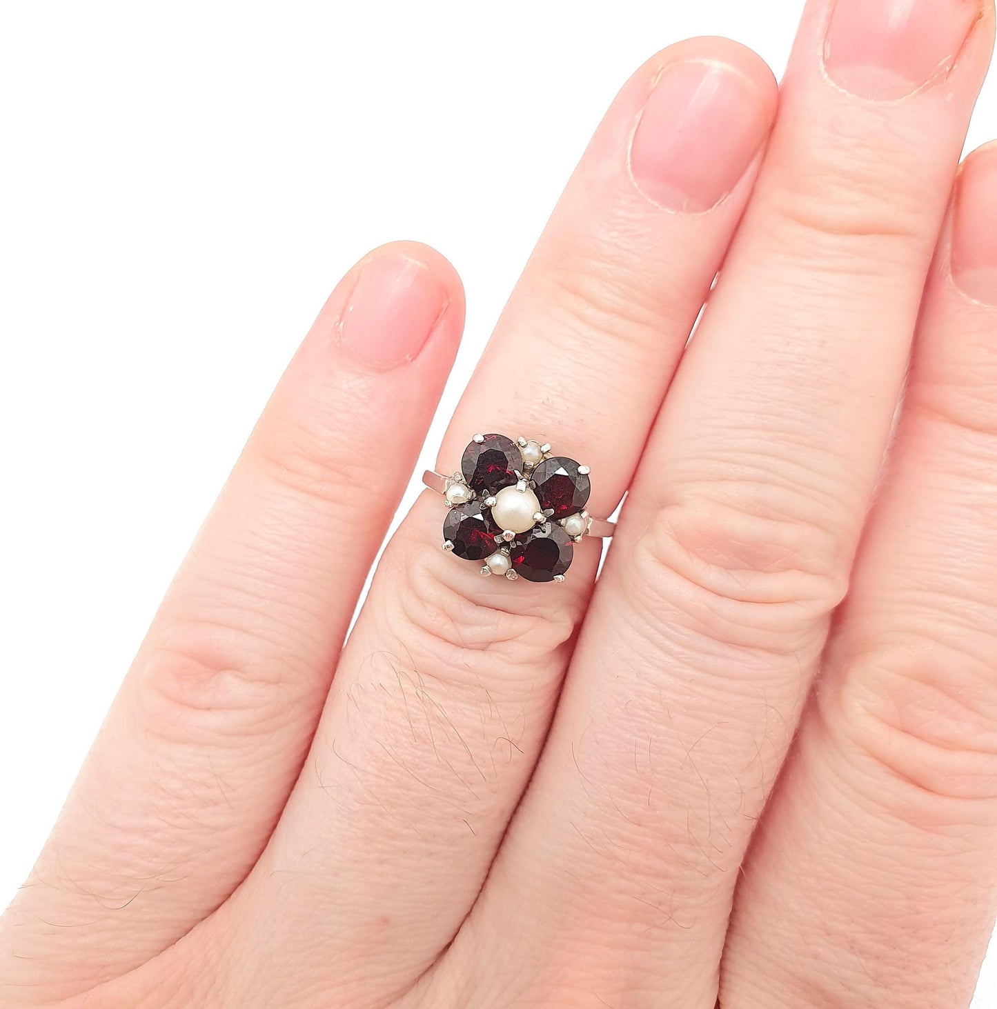 Vintage Sterling Silver Garnet Pearl Ring Cluster Pyrope Crimson Flower Cultured 1976 Hallmark Solid 925 Womens Jewelry Retro Jewellery