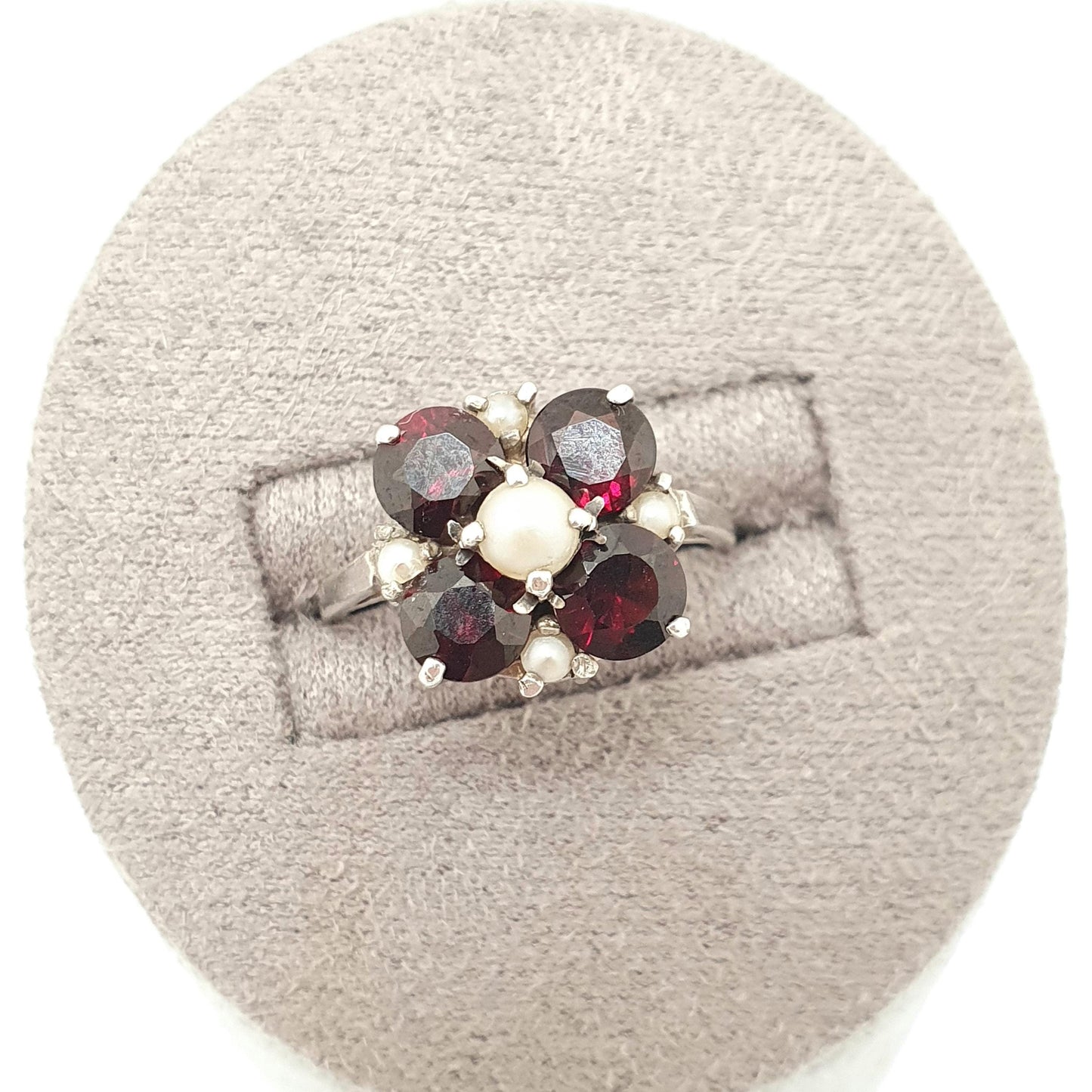 Vintage Sterling Silver Garnet Pearl Ring Cluster Pyrope Crimson Flower Cultured 1976 Hallmark Solid 925 Womens Jewelry Retro Jewellery