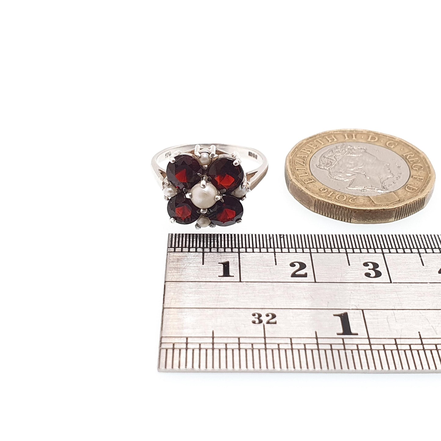 Vintage Sterling Silver Garnet Pearl Ring Cluster Pyrope Crimson Flower Cultured 1976 Hallmark Solid 925 Womens Jewelry Retro Jewellery