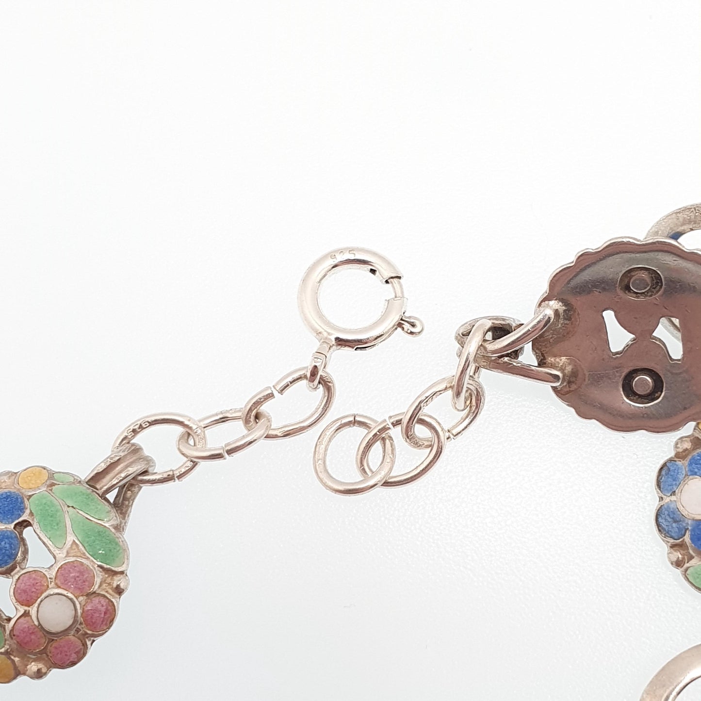 Vintage Solid Silver Enamel Flower Bracelet 1950s Maybe A.H Darby Scandinavian Style Handmade 15.07g 20cm Womens Jewelry Retro Jewellery