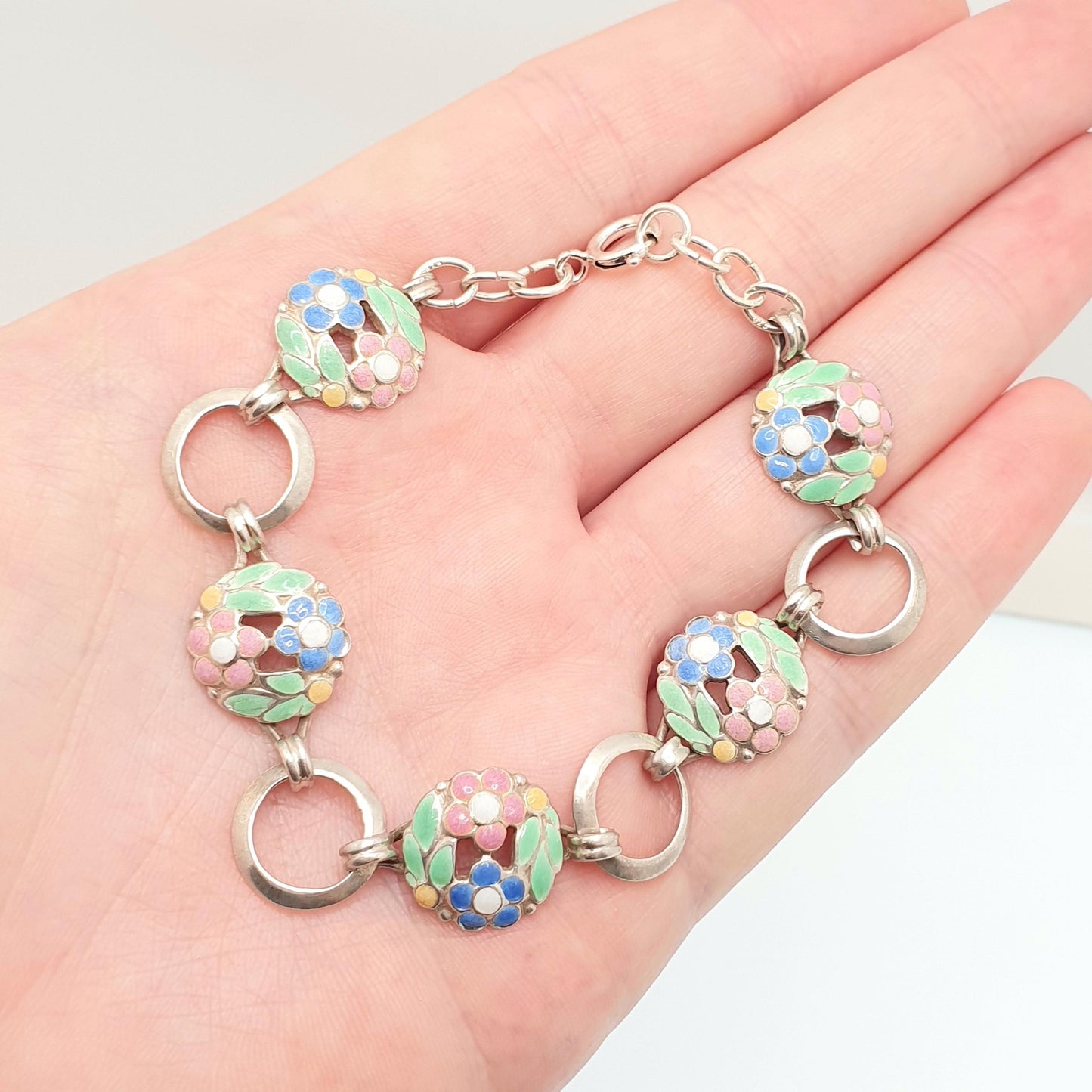 Vintage Solid Silver Enamel Flower Bracelet 1950s Maybe A.H Darby Scandinavian Style Handmade 15.07g 20cm Womens Jewelry Retro Jewellery