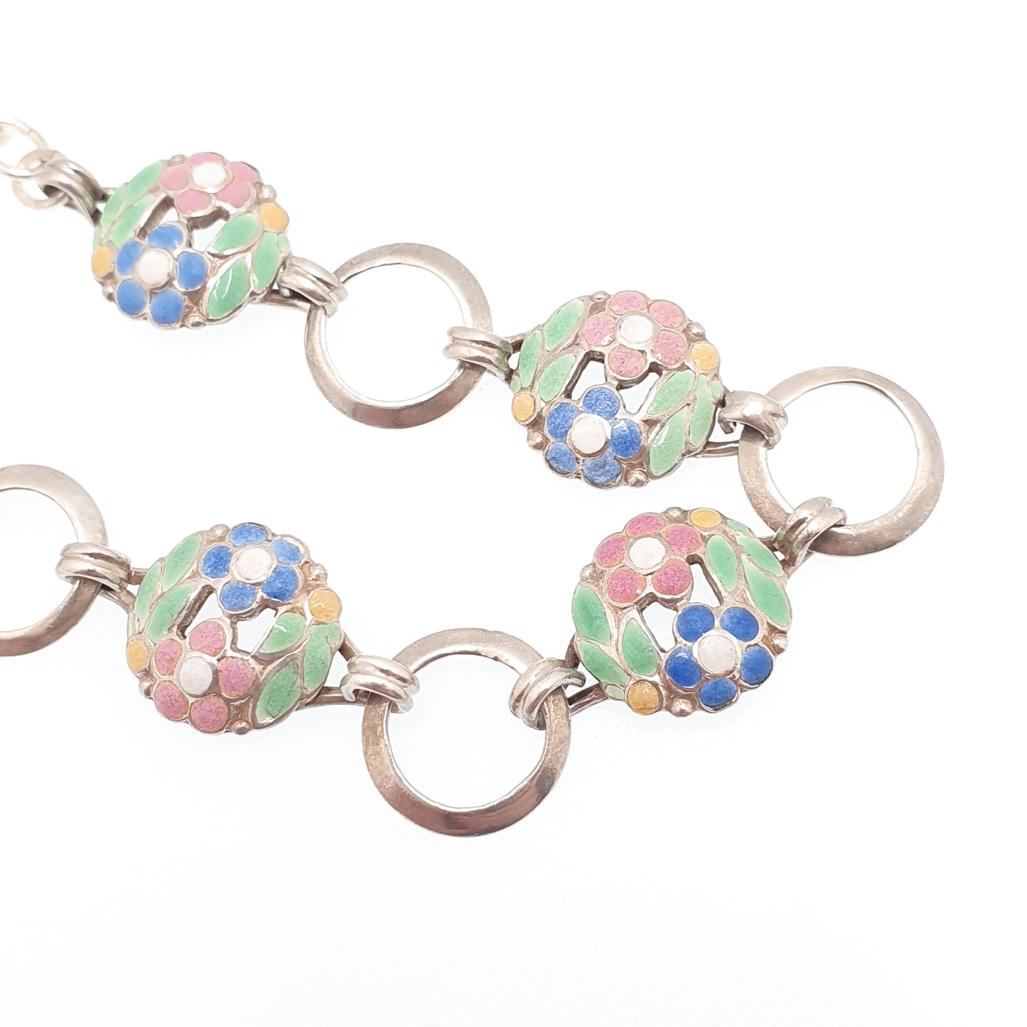 Vintage Solid Silver Enamel Flower Bracelet 1950s Maybe A.H Darby Scandinavian Style Handmade 15.07g 20cm Womens Jewelry Retro Jewellery