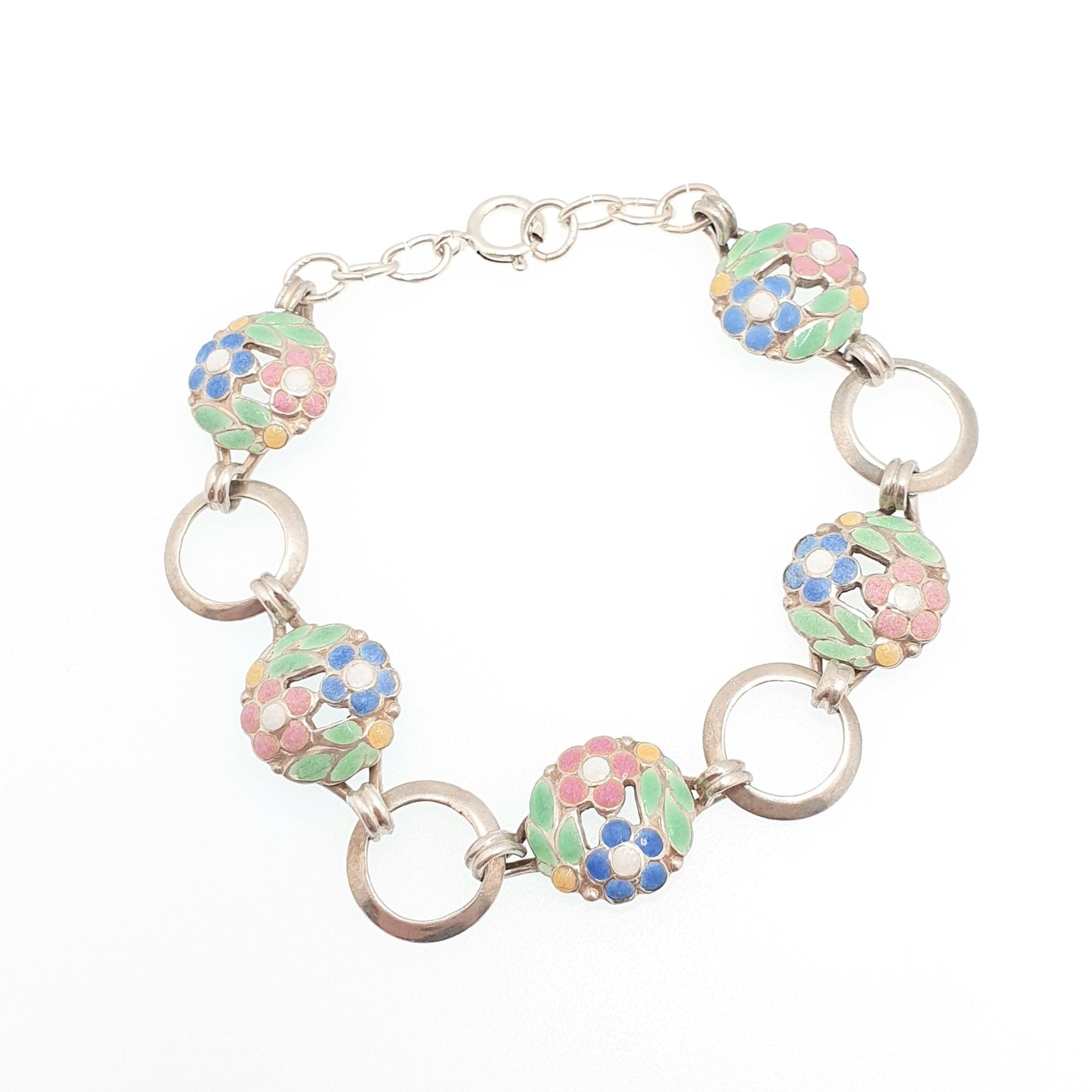 Vintage Solid Silver Enamel Flower Bracelet 1950s Maybe A.H Darby Scandinavian Style Handmade 15.07g 20cm Womens Jewelry Retro Jewellery