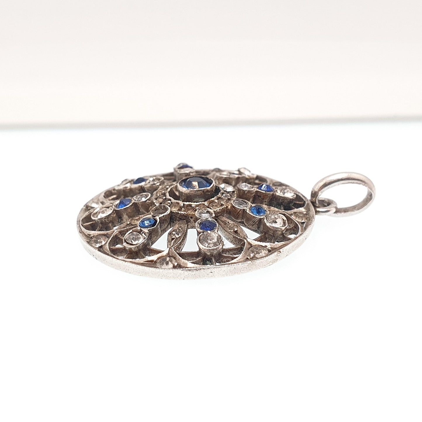Antique Solid Silver Sapphire & Diamond Paste Pendant Necklace Large Art Nouveau Swirl Web Spiral Sparkly Vintage Womens Jewellery Jewelry