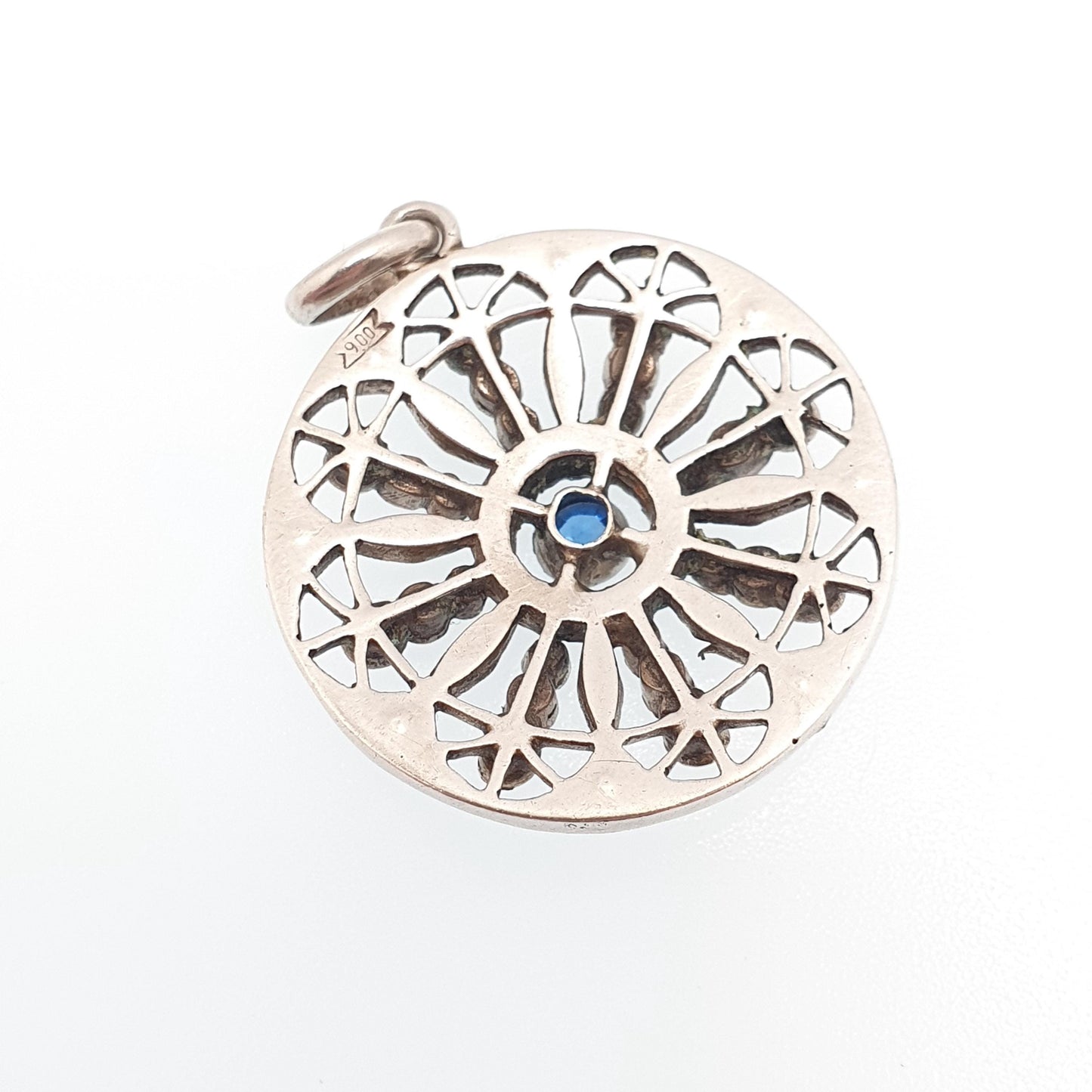 Antique Solid Silver Sapphire & Diamond Paste Pendant Necklace Large Art Nouveau Swirl Web Spiral Sparkly Vintage Womens Jewellery Jewelry