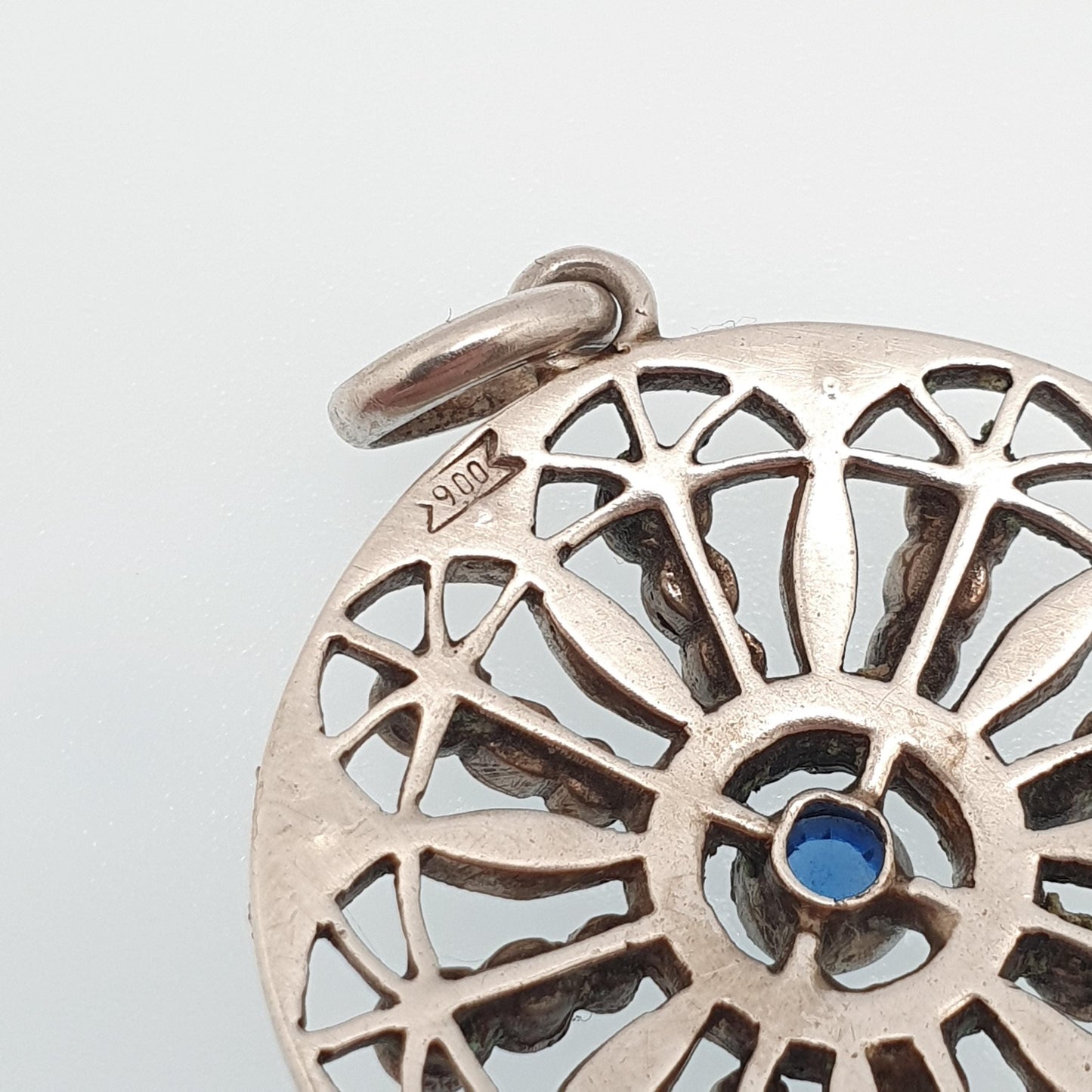 Antique Solid Silver Sapphire & Diamond Paste Pendant Necklace Large Art Nouveau Swirl Web Spiral Sparkly Vintage Womens Jewellery Jewelry
