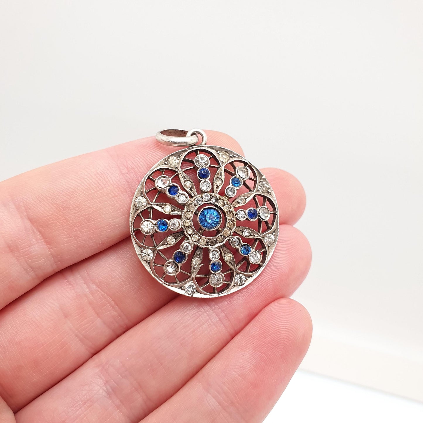 Antique Solid Silver Sapphire & Diamond Paste Pendant Necklace Large Art Nouveau Swirl Web Spiral Sparkly Vintage Womens Jewellery Jewelry