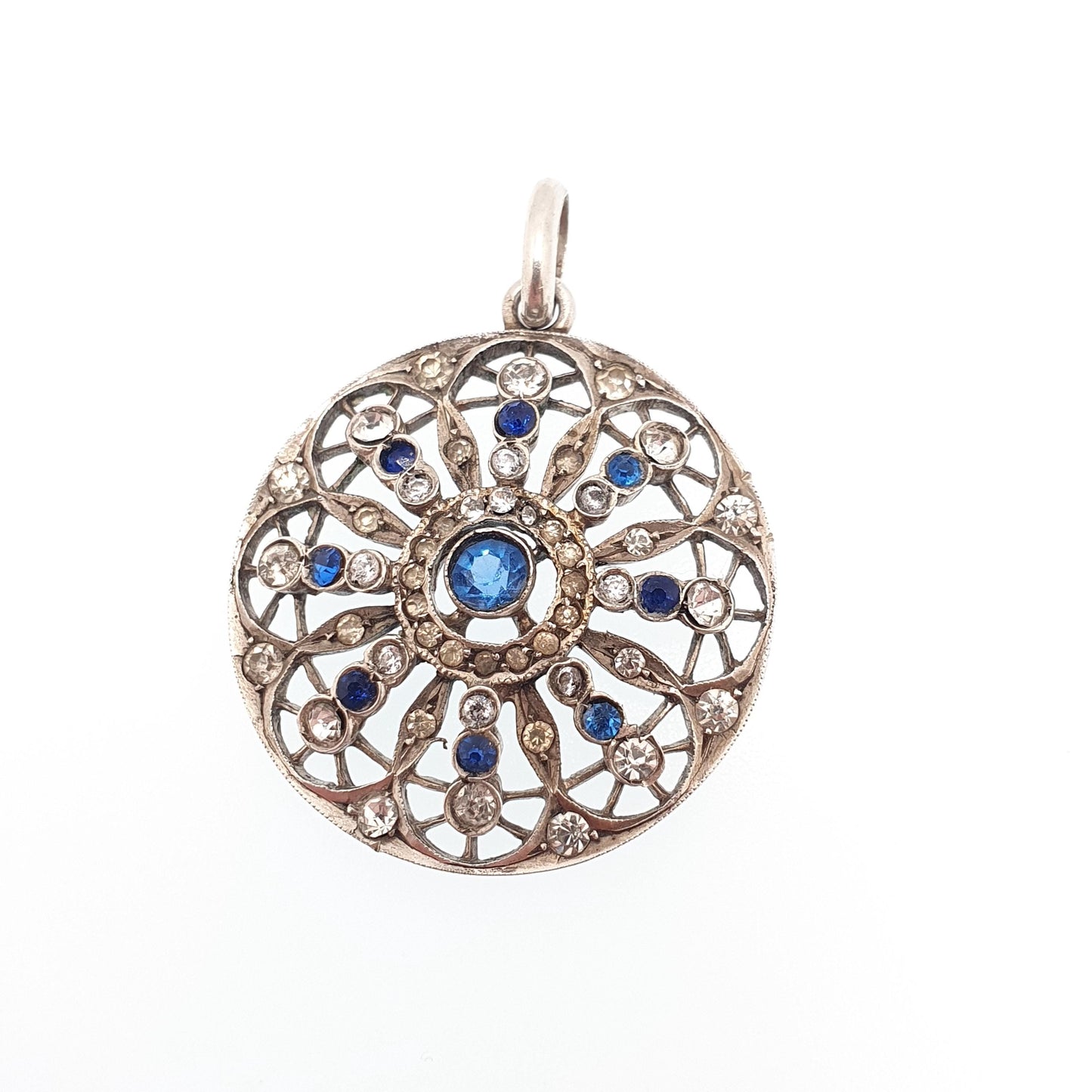 Antique Solid Silver Sapphire & Diamond Paste Pendant Necklace Large Art Nouveau Swirl Web Spiral Sparkly Vintage Womens Jewellery Jewelry