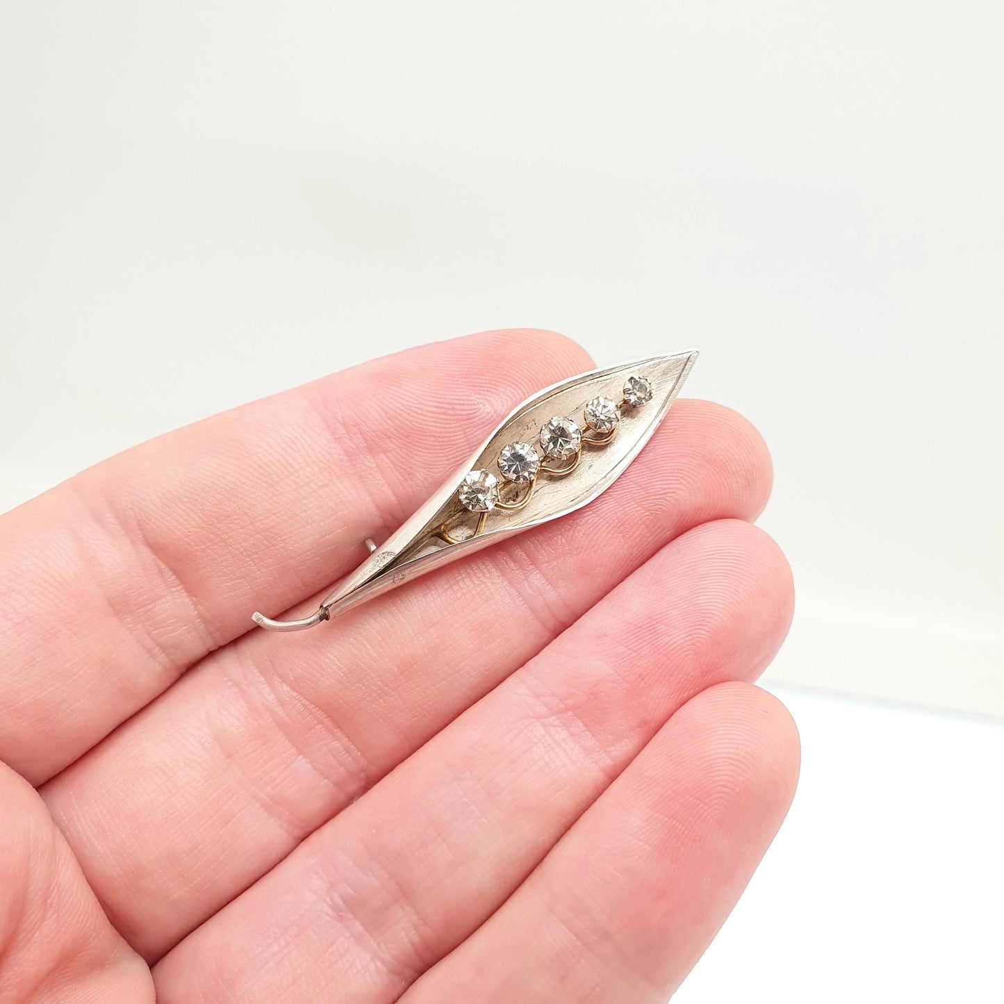 Antique Sterling Silver Leaf Brooch Diamond Paste 1919 Hallmarked Art Deco Sparkly Leaves Genuine Solid 925 Jewellery Ladies Womens Jewelry