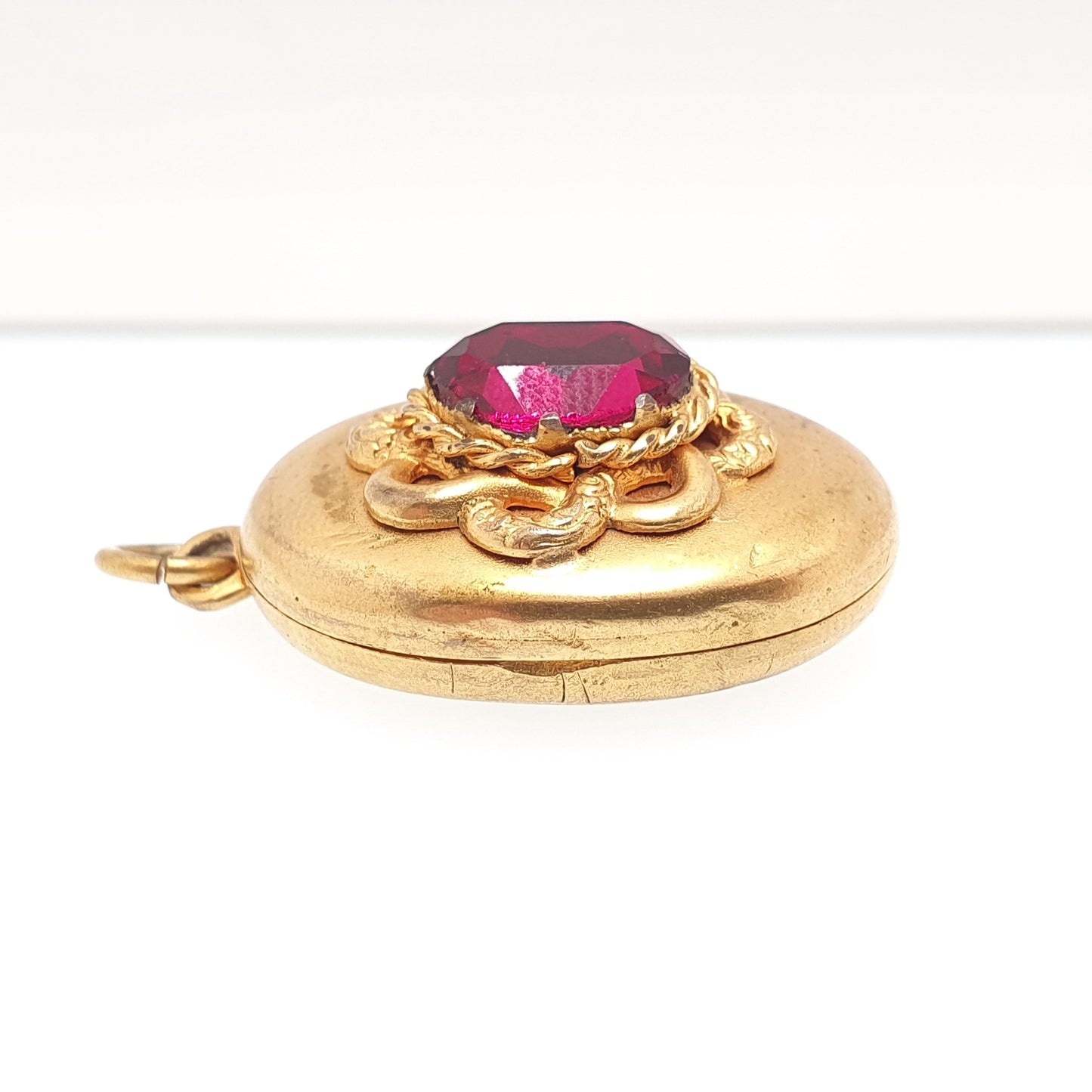 Antique Victorian Gold Gilt Locket Amethyst Paste Large Big Knot Pattern Photo Necklace Pendant Oval Vintage Picture Jewellery Jewelry
