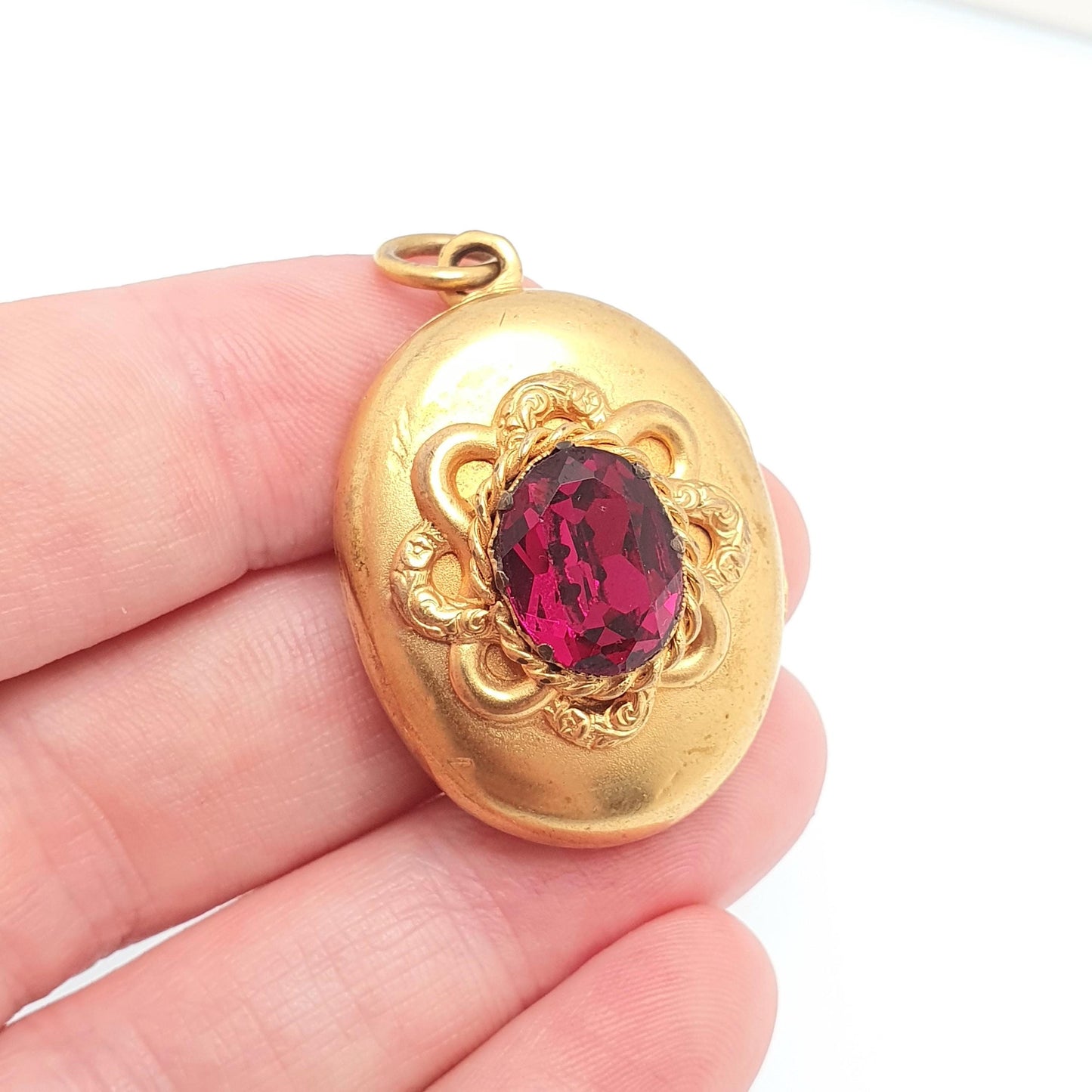 Antique Victorian Gold Gilt Locket Amethyst Paste Large Big Knot Pattern Photo Necklace Pendant Oval Vintage Picture Jewellery Jewelry