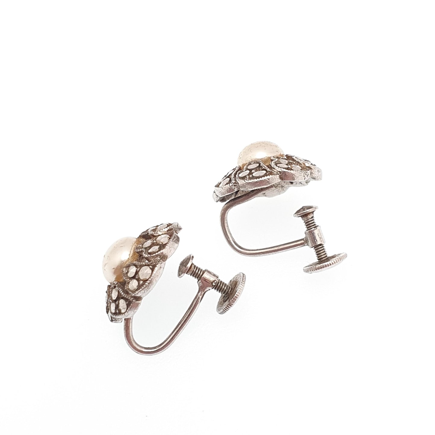Antique Art Deco Solid Silver Pearl Earrings Marcasite Simulated Faux Spiral 1920s Vintage Flower Genuine Womens Ladies Jewelry Jewellery
