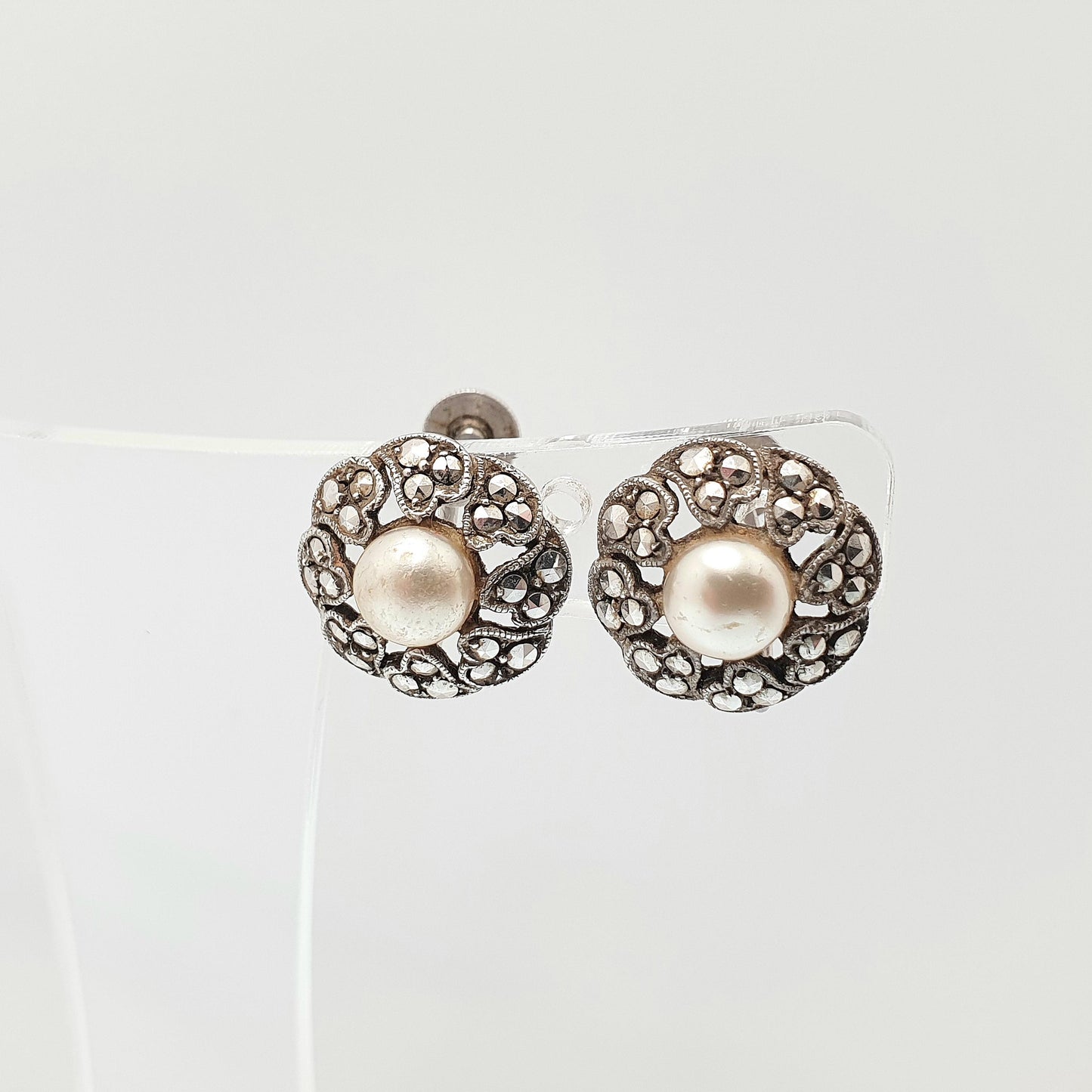 Antique Art Deco Solid Silver Pearl Earrings Marcasite Simulated Faux Spiral 1920s Vintage Flower Genuine Womens Ladies Jewelry Jewellery