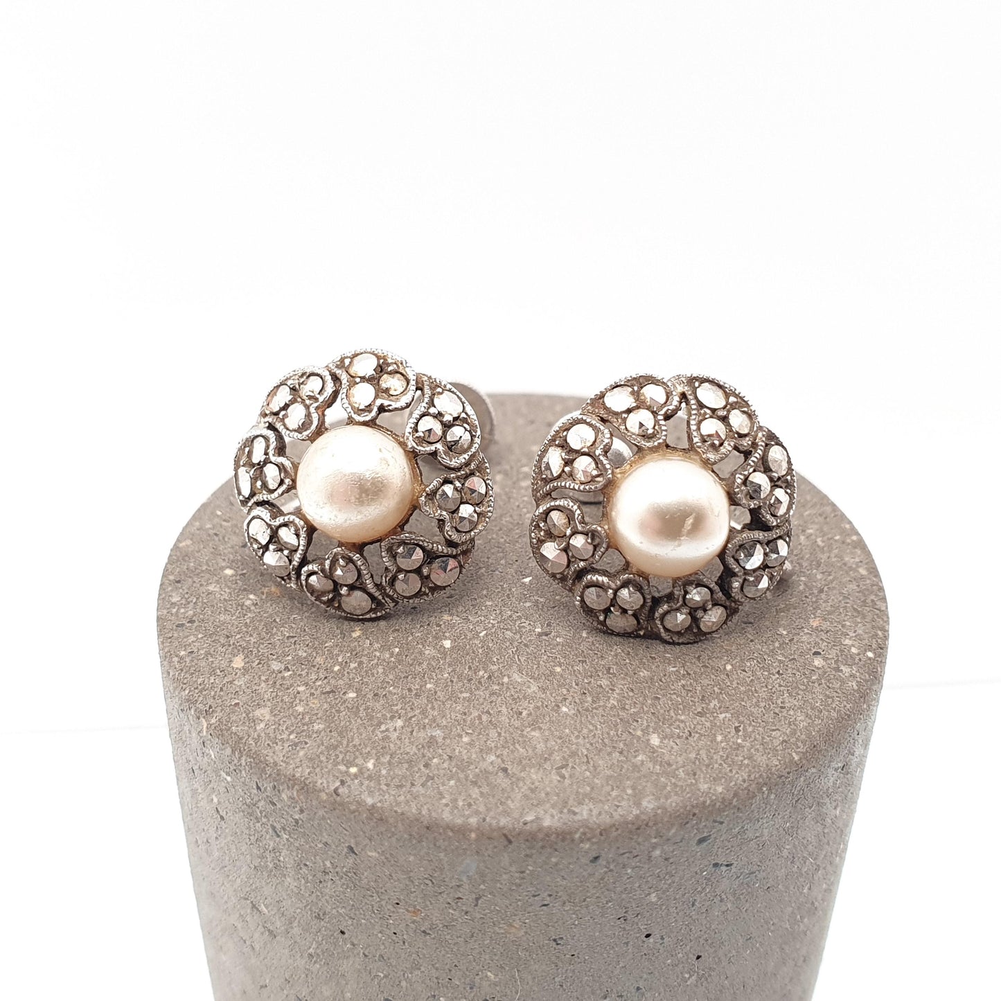 Antique Art Deco Solid Silver Pearl Earrings Marcasite Simulated Faux Spiral 1920s Vintage Flower Genuine Womens Ladies Jewelry Jewellery