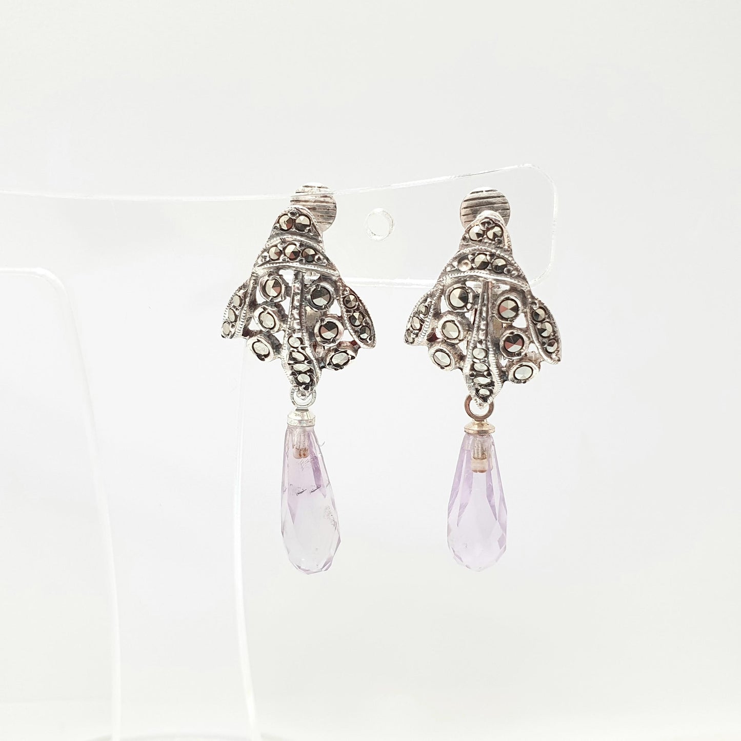 Antique Solid Silver Amethyst Earrings Genuine Amethyst Teardrop Art Deco Marcasite Vintage 1920s Chandelier Womens Jewelry Jewellery