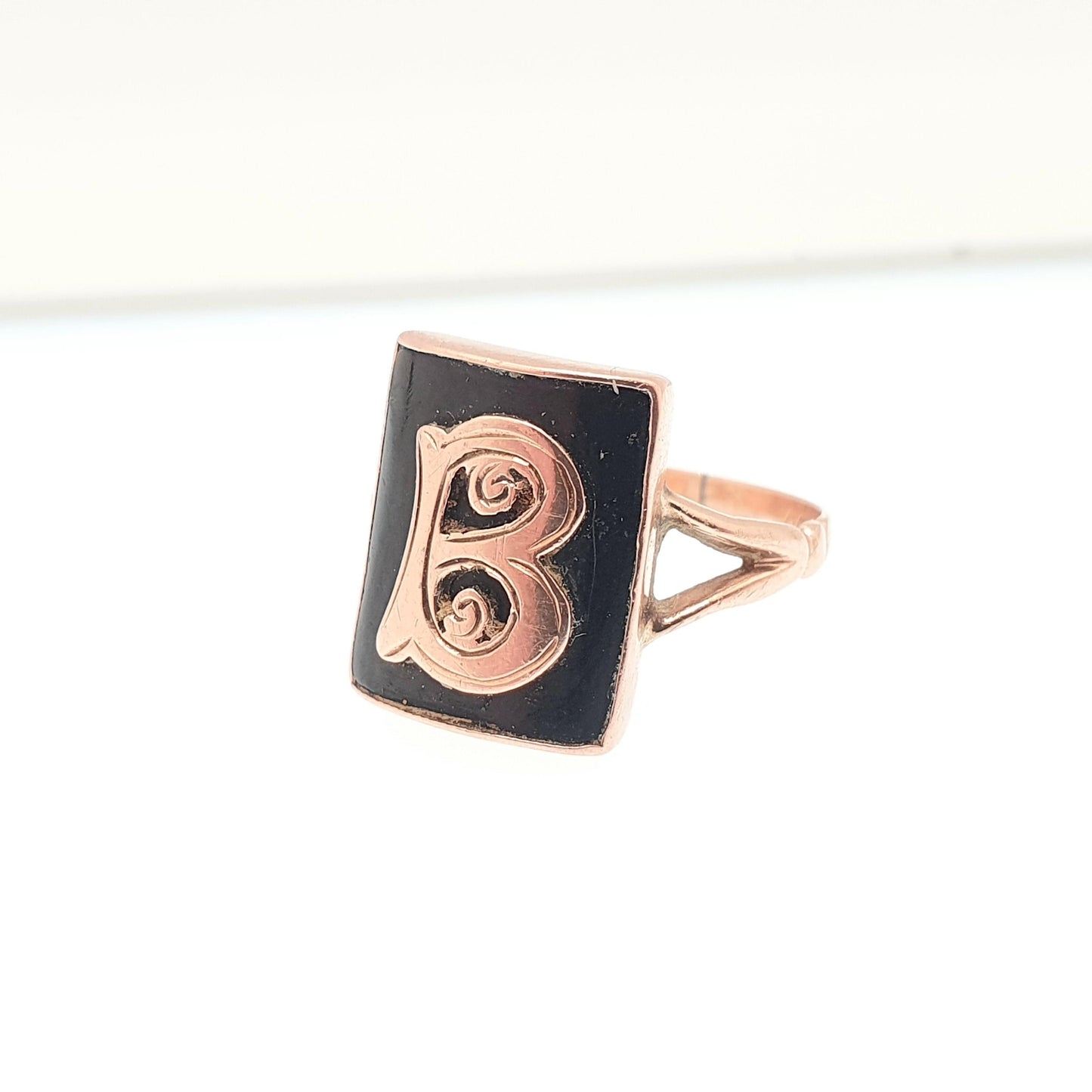 Antique 9ct Rose Gold "B" B Ring Art Deco Signet Rectangular Initial Letter Name Solid 9k 9kt Faux Onyx Womens Vintage Jewelry Jewellery