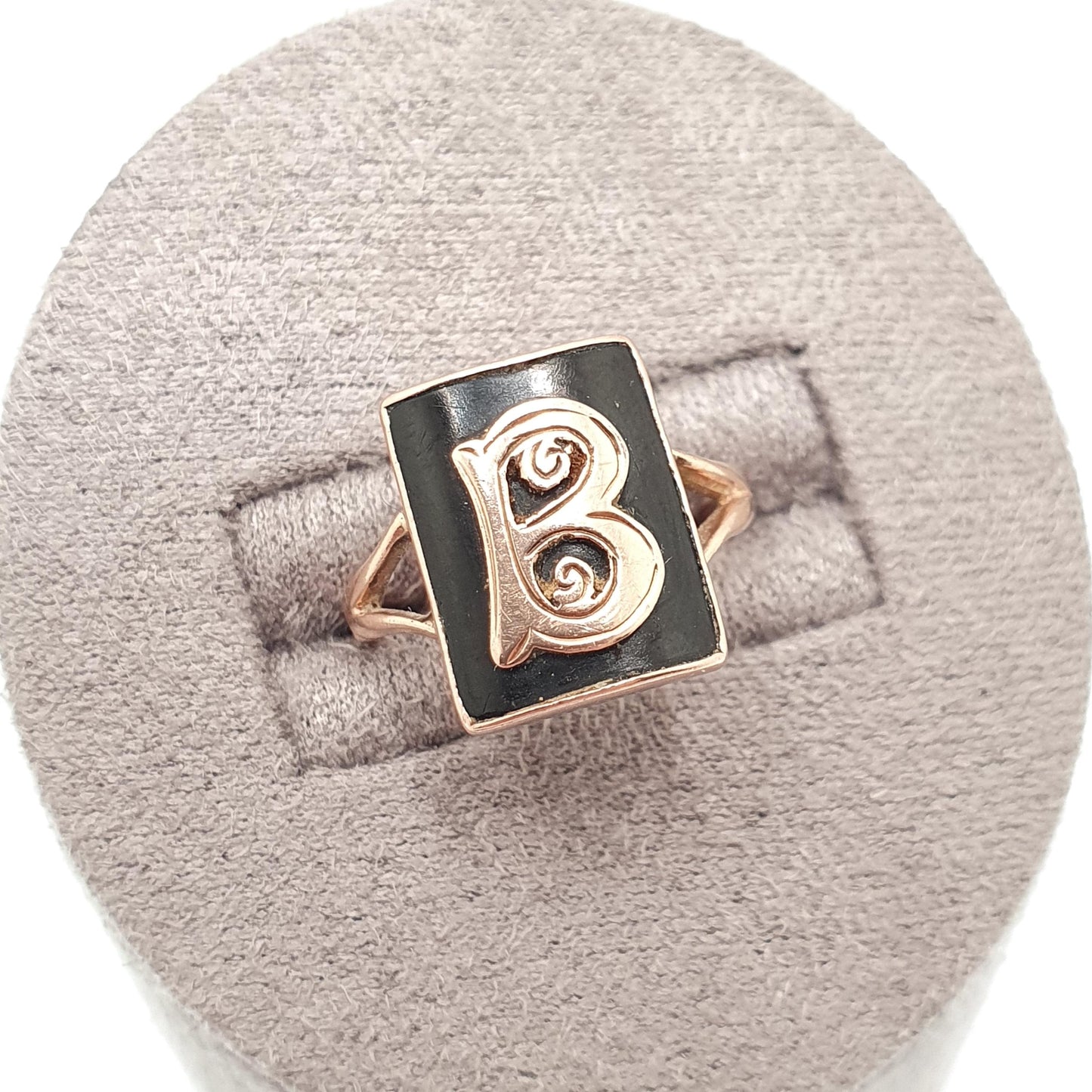 Antique 9ct Rose Gold "B" B Ring Art Deco Signet Rectangular Initial Letter Name Solid 9k 9kt Faux Onyx Womens Vintage Jewelry Jewellery