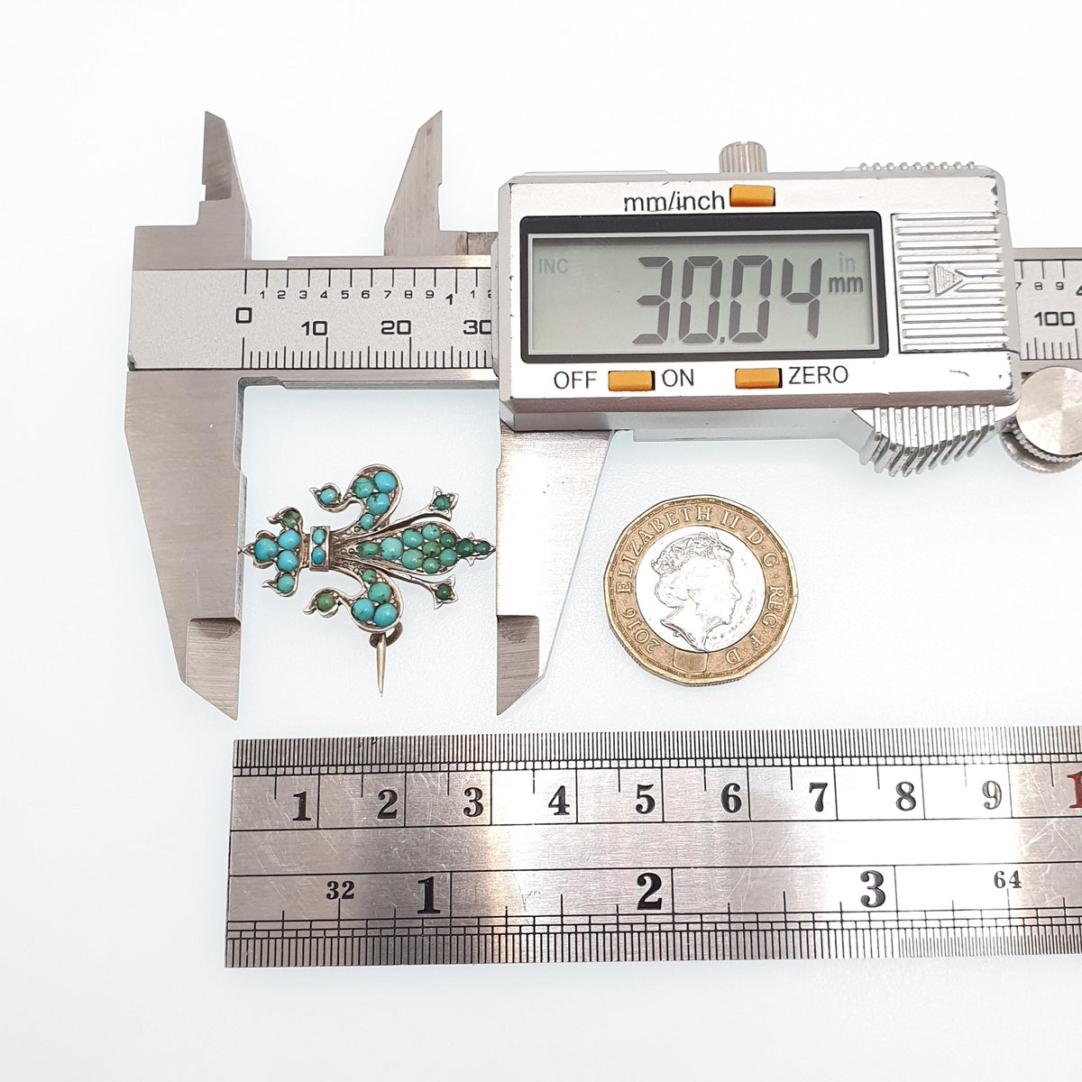 Antique Victorian Solid Silver Turquoise Brooch Fleur de Lis Lys French Lily Flower Natural Gemstone Womens Jewelry Jewellery Vintage