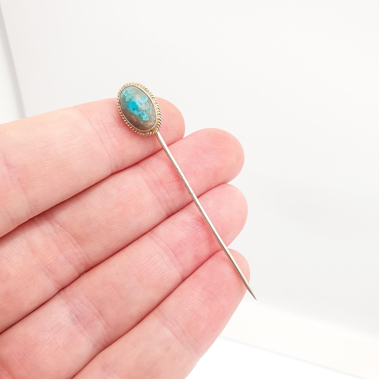 Antique Victorian Solid Silver Natural Turquoise Stick Pin European Oval Cut Cabochon Solitaire Gemstone Genuine Vintage Gents Mens Lapel