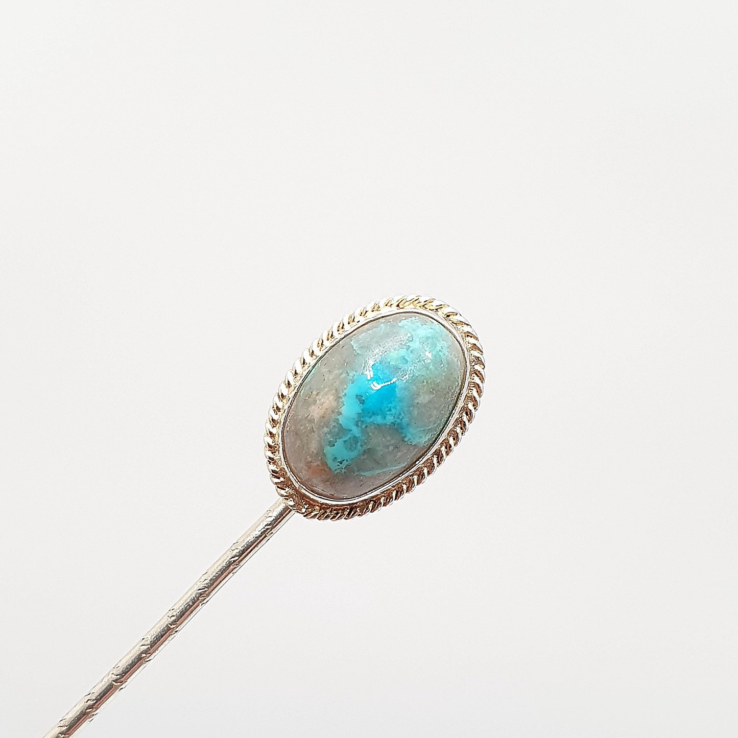 Antique Victorian Solid Silver Natural Turquoise Stick Pin European Oval Cut Cabochon Solitaire Gemstone Genuine Vintage Gents Mens Lapel