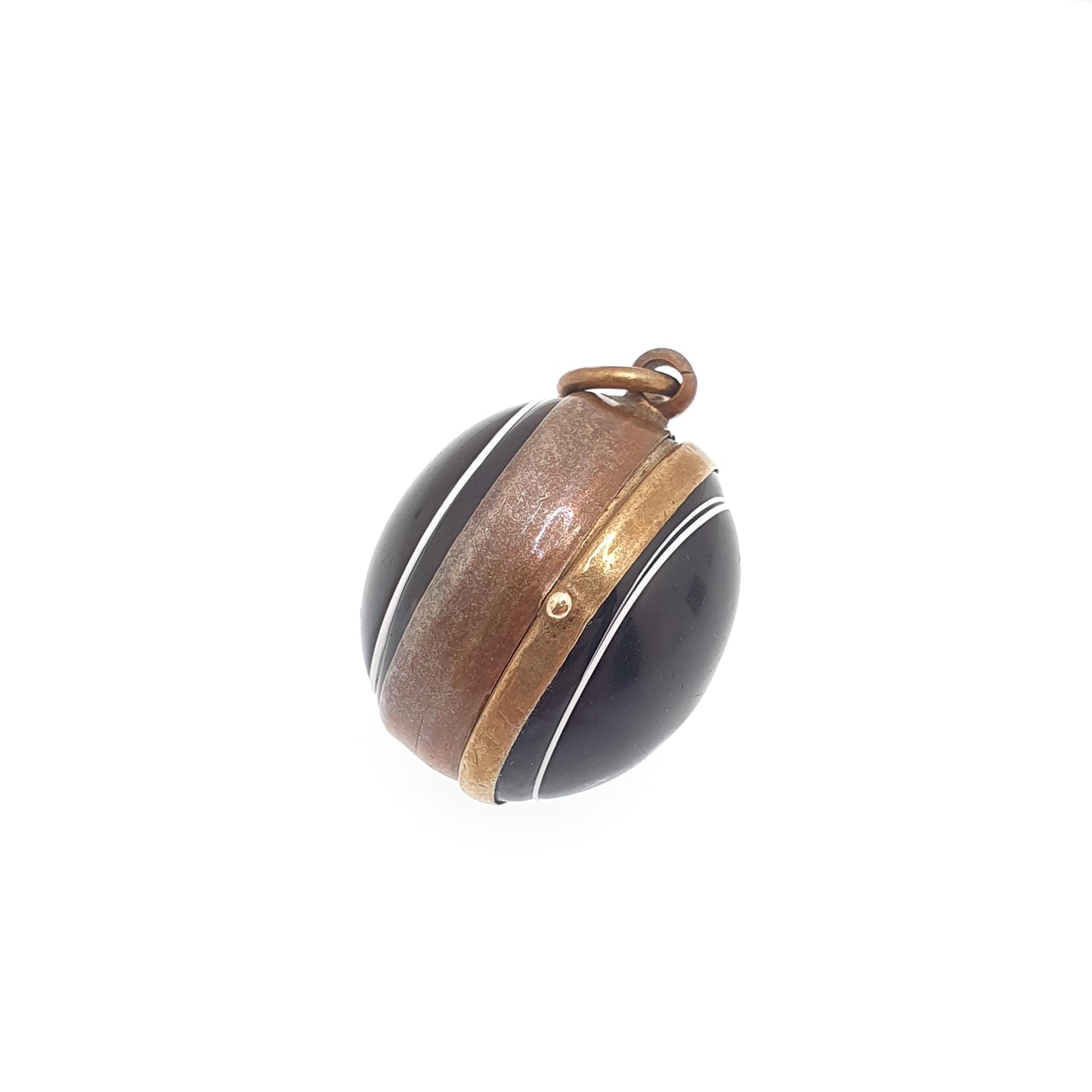 Antique Victorian Faux Bullseye Agate Locket Gold Gilt Pendant Necklace Oval Black Eye Glass Agates Cabochon Vintage Womens Mens Jewelry
