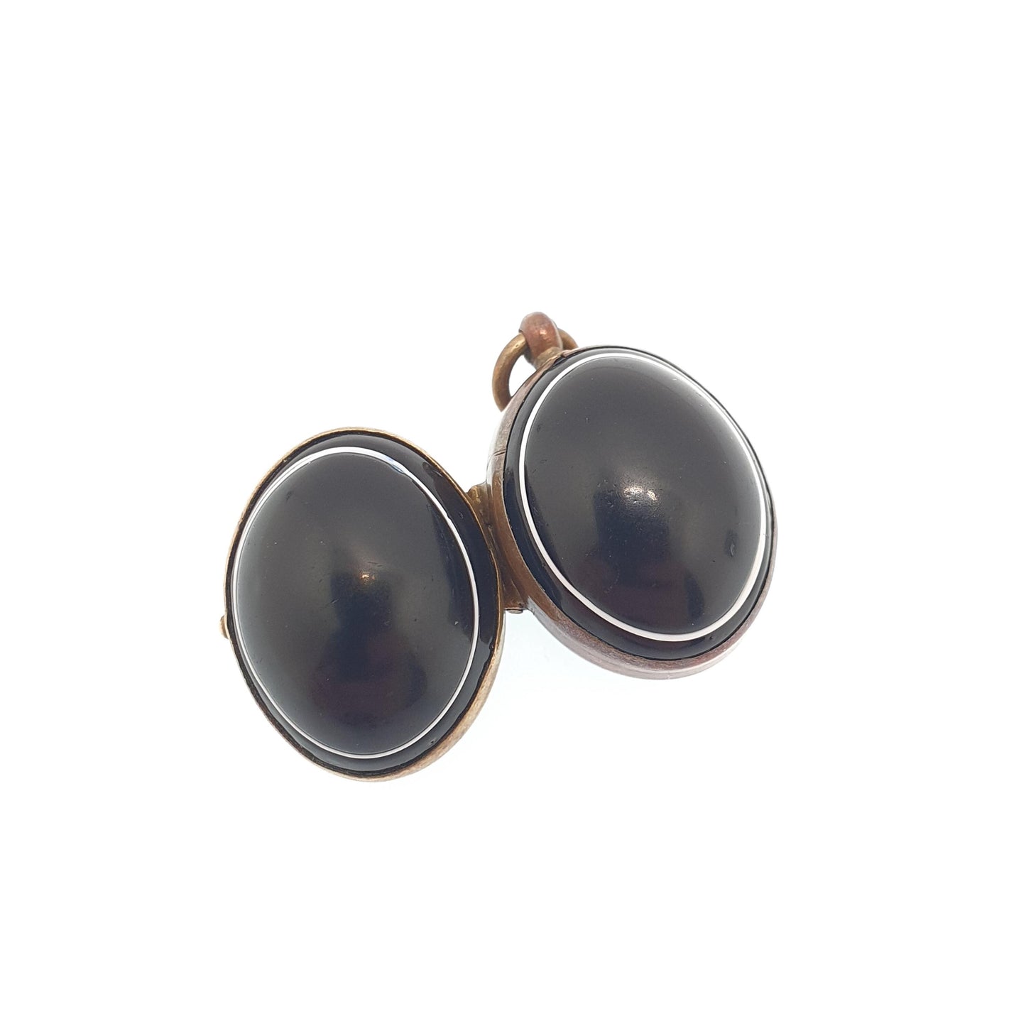 Antique Victorian Faux Bullseye Agate Locket Gold Gilt Pendant Necklace Oval Black Eye Glass Agates Cabochon Vintage Womens Mens Jewelry